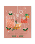 Illustrated holiday card with drinks and festive elements on a pink background