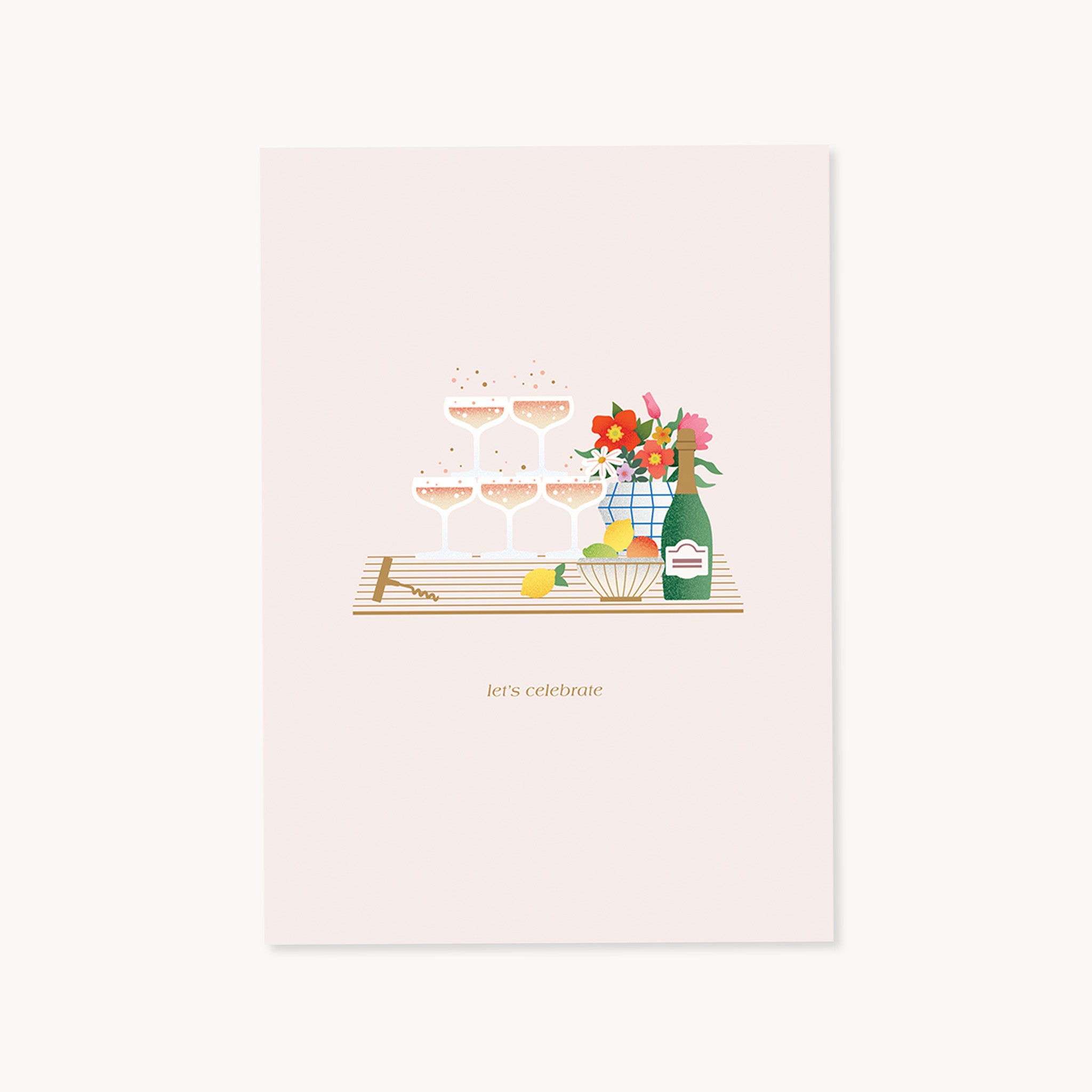 Greeting card with celebratory design featuring glasses, a bottle, and flowers on a light pink background.