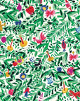 Colorful pattern of leaves, birds, and other elements on a white background