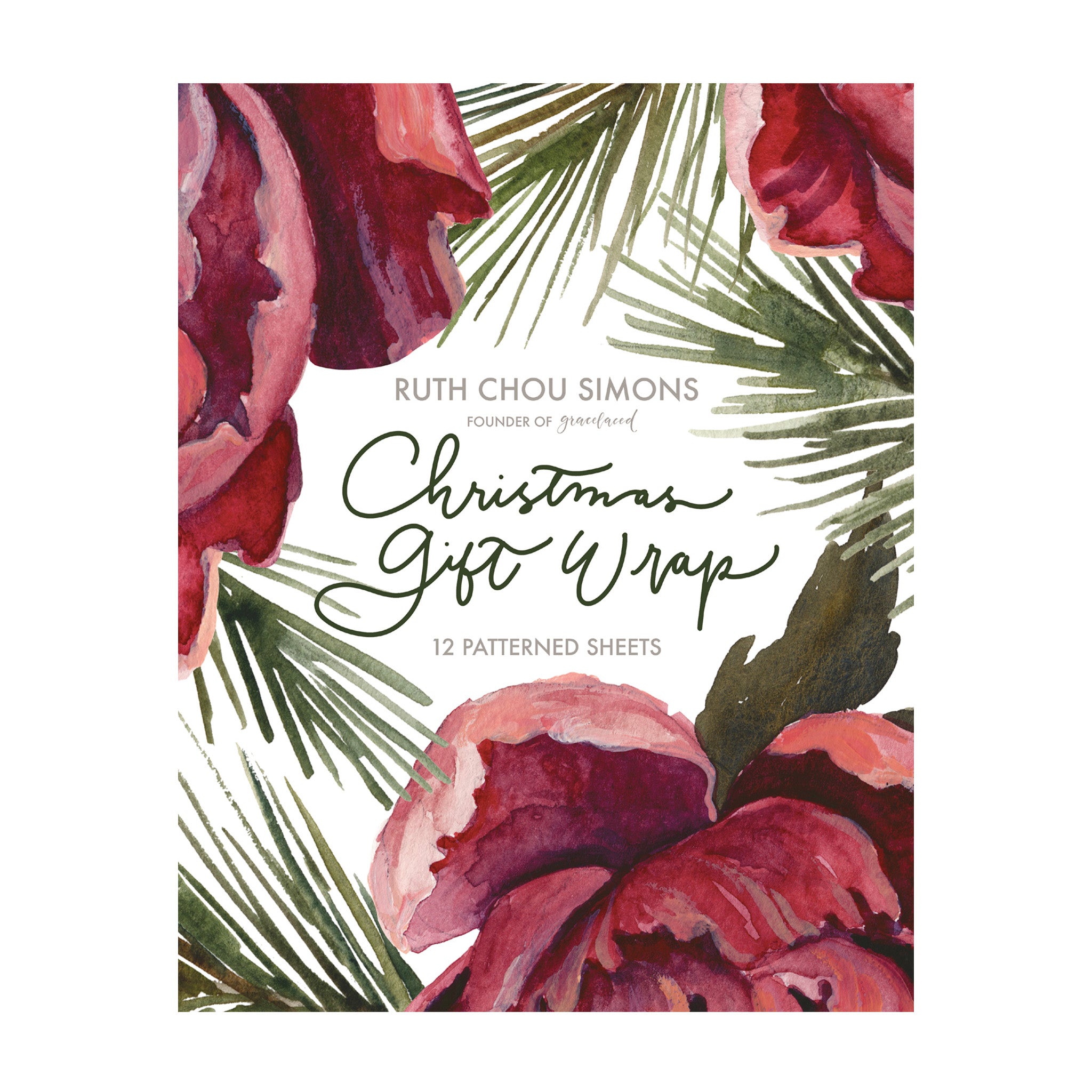 Christmas gift wrap with floral design and text on a white background