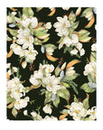 Floral pattern with white flowers and green leaves on a black background