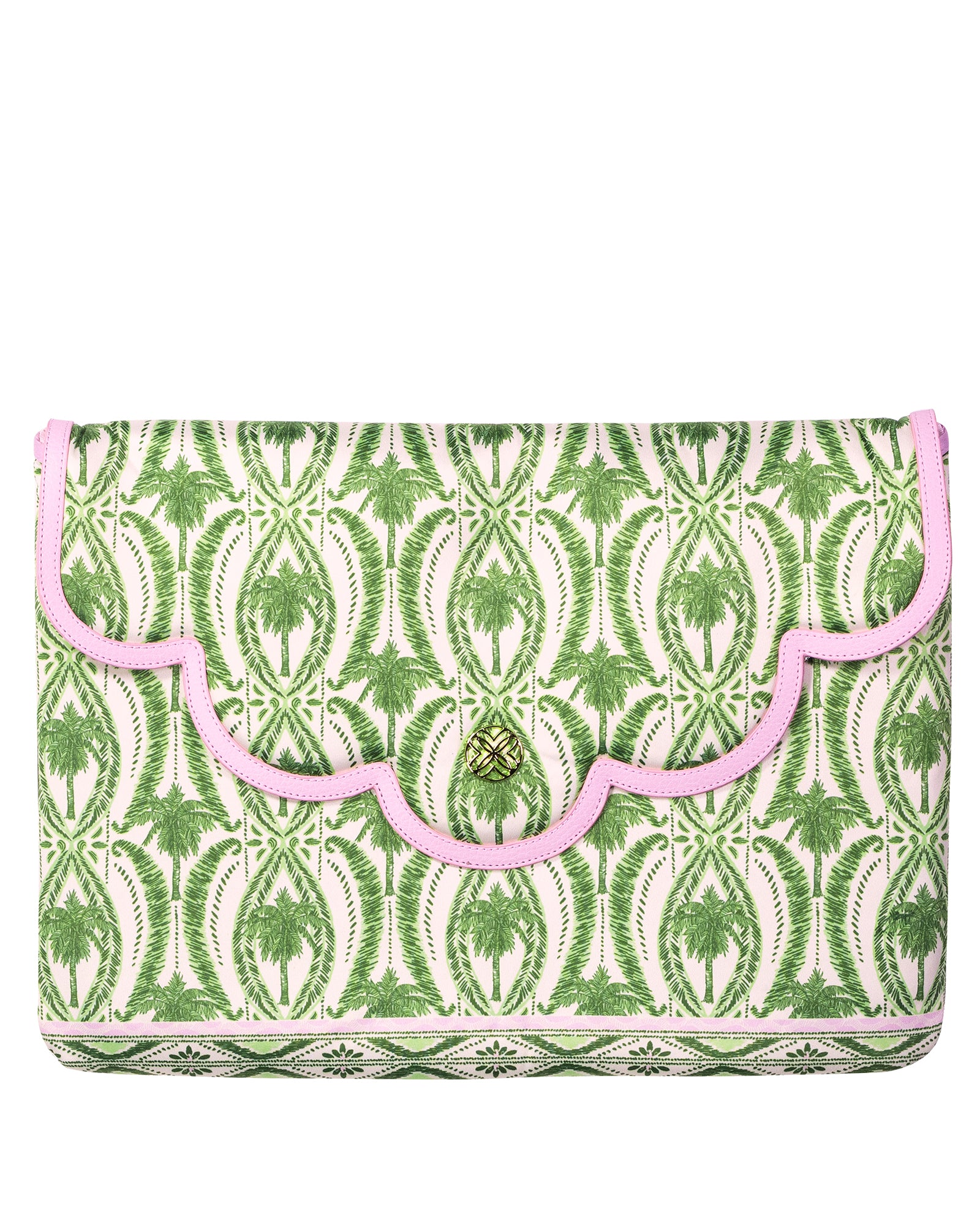 Green palm tree patterned laptop sleeve with pink trim on a white background