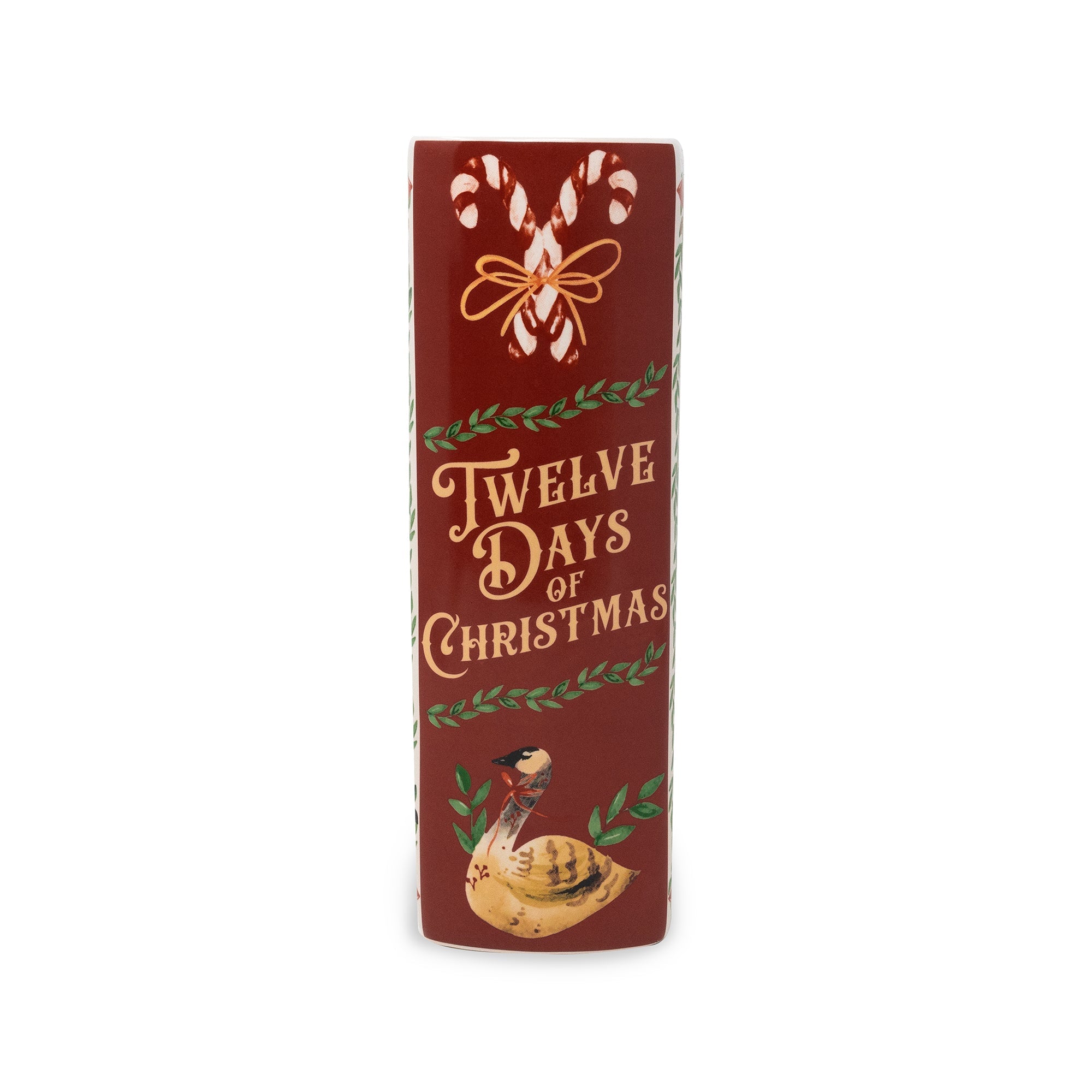 Spine of vase that says 'Twelve Days of Christmas' in gold lettering, decorated with white candy canes, green wreath motifs, and a small turkey illustration near the bottom, shown on a plain white background.
