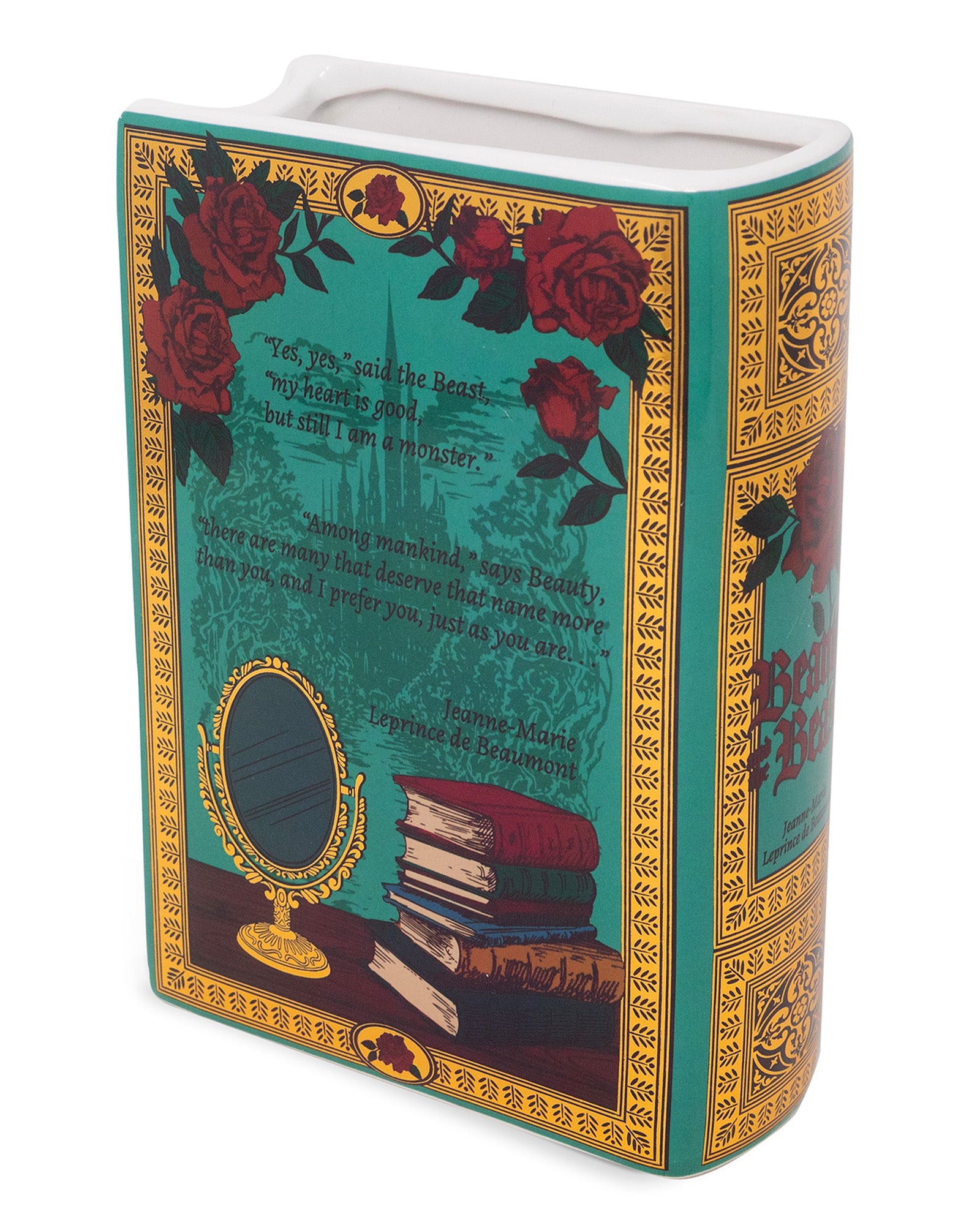back view of teal beauty and the beast book shaped vase