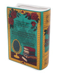 back view of teal beauty and the beast book shaped vase