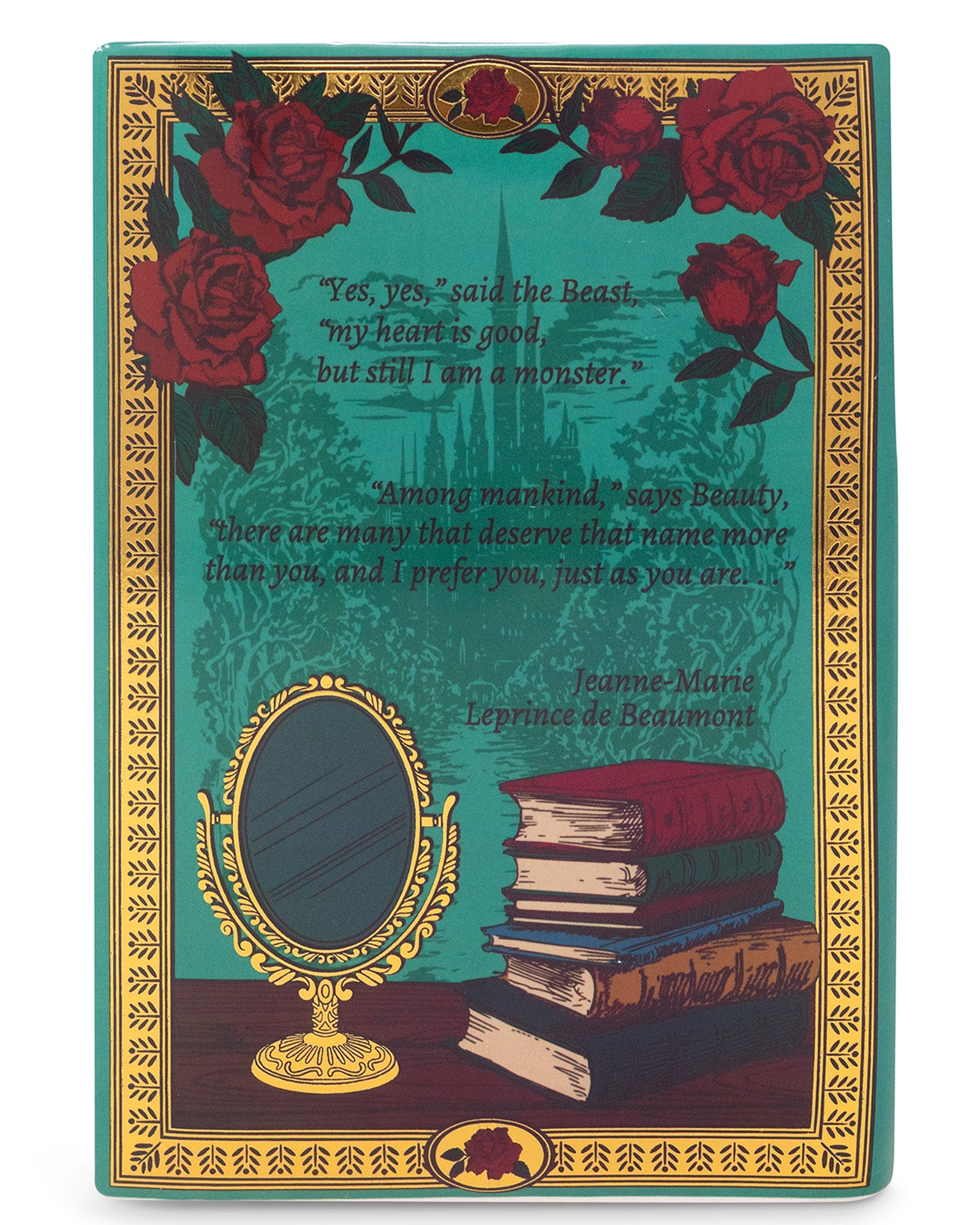 backview of teal beauty and the beast book shaped vase