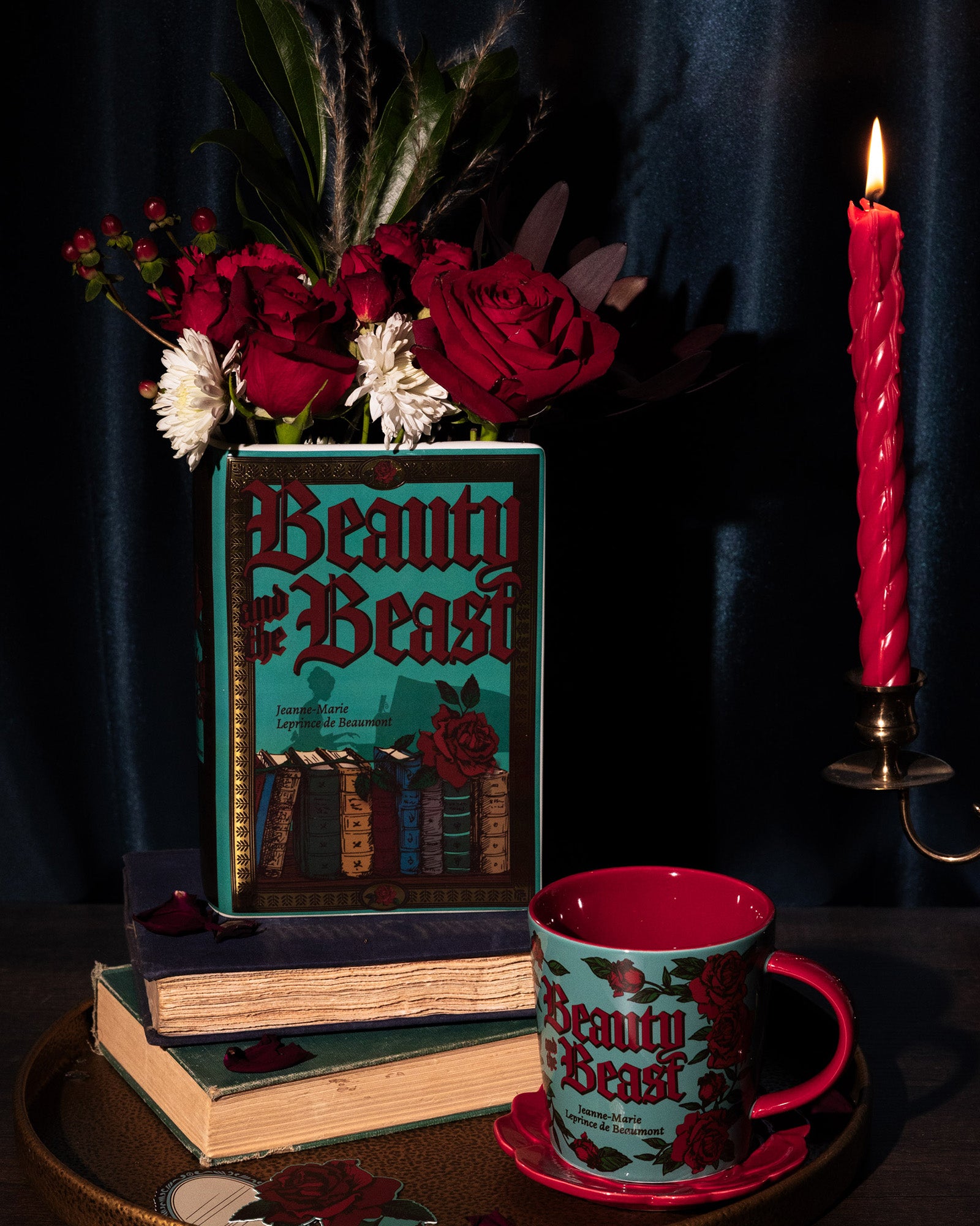 teal beauty and the beast book shaped vase and matching mug