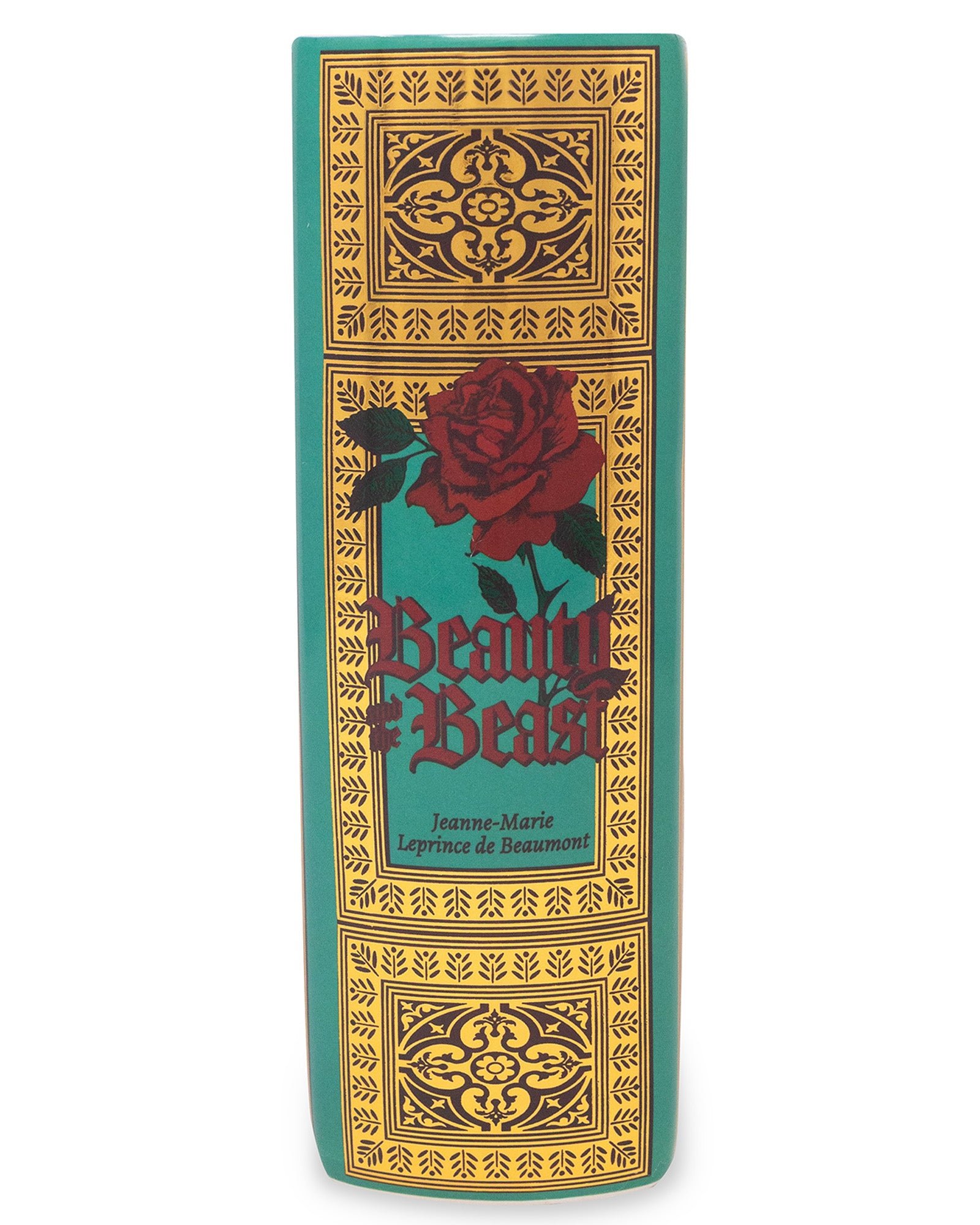 spine of teal beauty and the beast book shaped vase