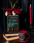 teal beauty and the beast book shaped vase and matching mug