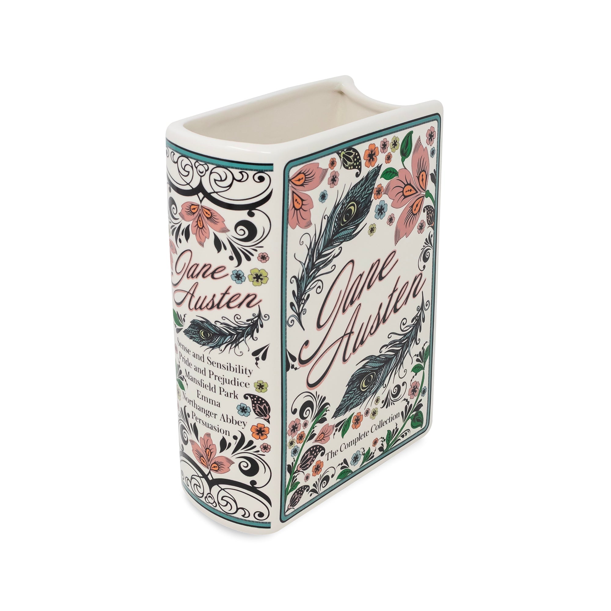A square ceramic book-shaped vase featuring a white background decorated with pink flowers, green leaves, black swirls, and the text 'Gaza Austen' with a feather illustration.