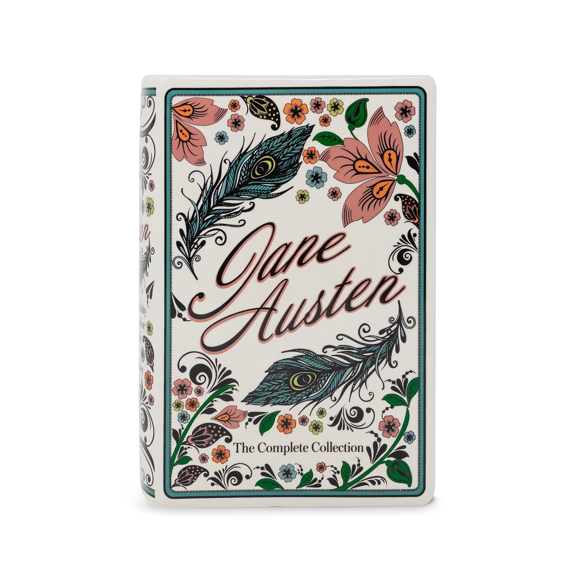 Front of vase with 'The Complete Collection' with an ornate cream background, teal border, floral illustrations, and large cursive Jane Austen lettering.