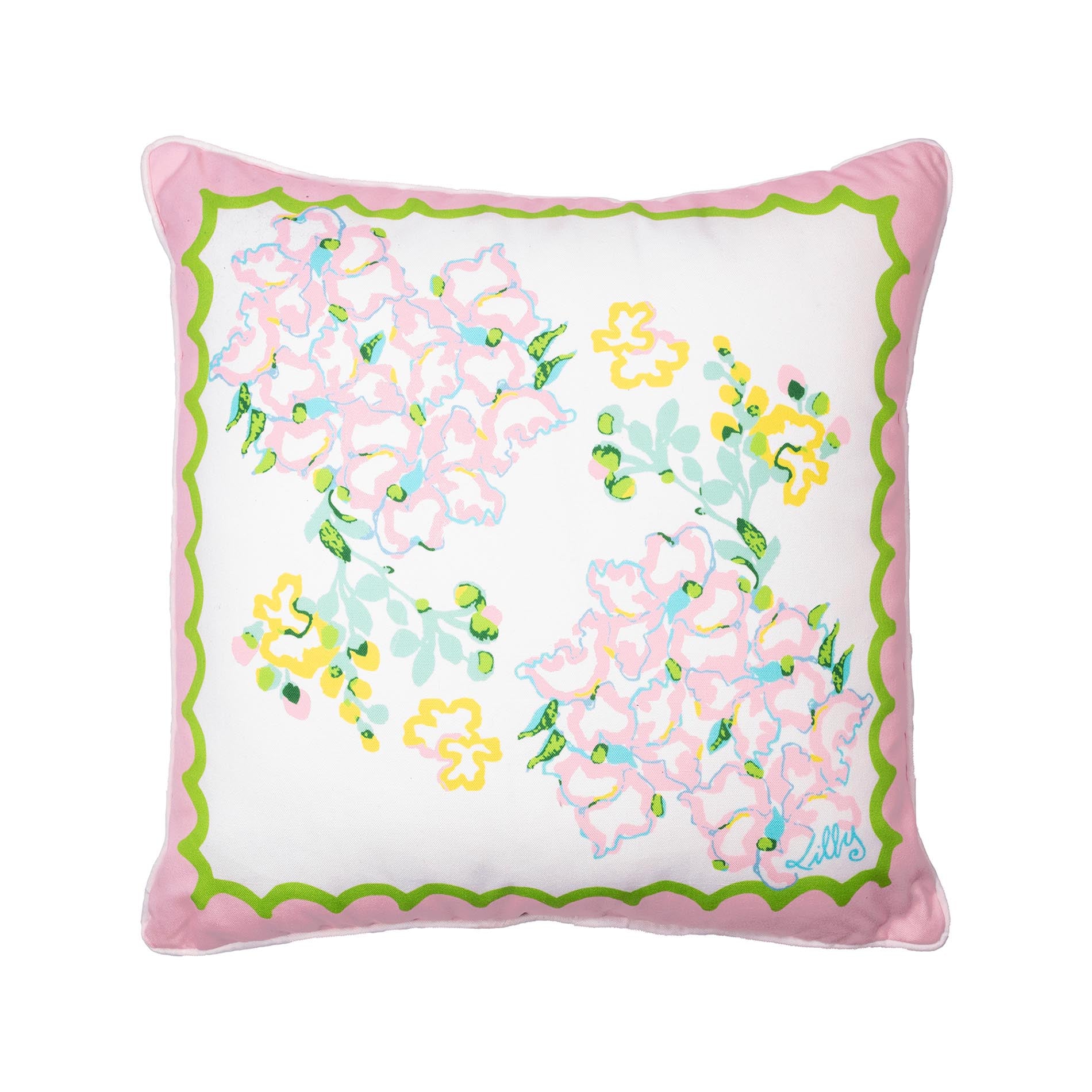 Decorative pillow with floral pattern and pink border on a white background