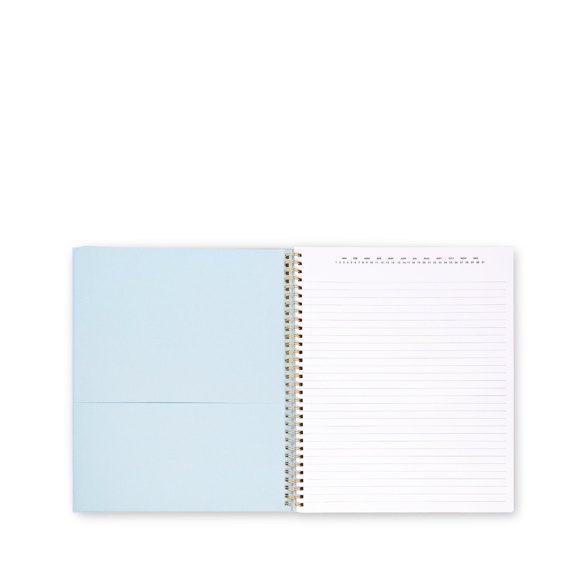 An open spiral-bound notebook with a light blue left page and white lined right page, photographed on a plain white background.