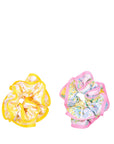 Two scrunchies, one yellow and one pink with floral pattern, on a white background.