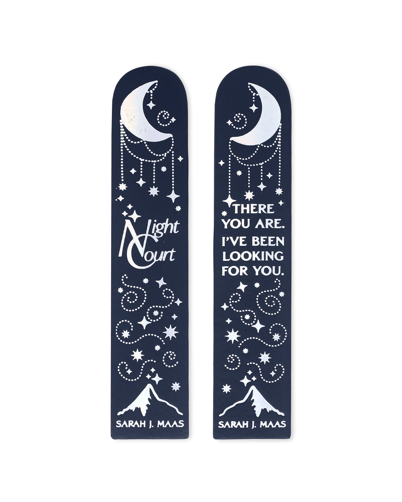 dark blue bookmarks with white text and designs on a white background