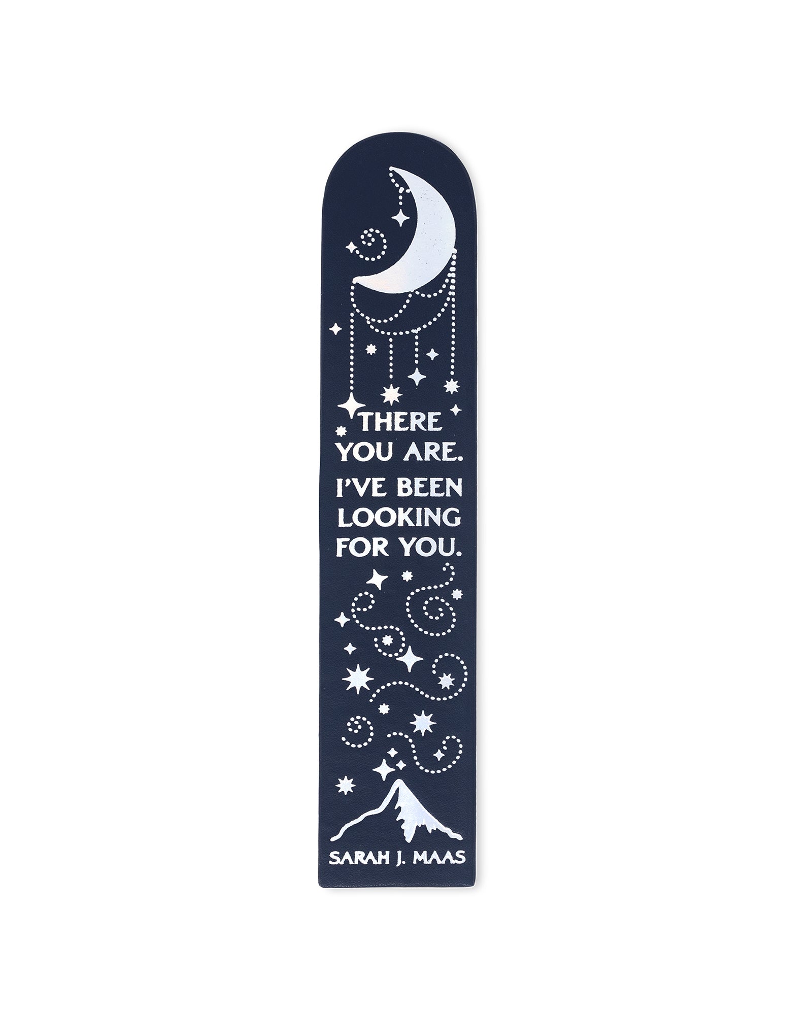 Navy bookmark with white text and graphics on a white background