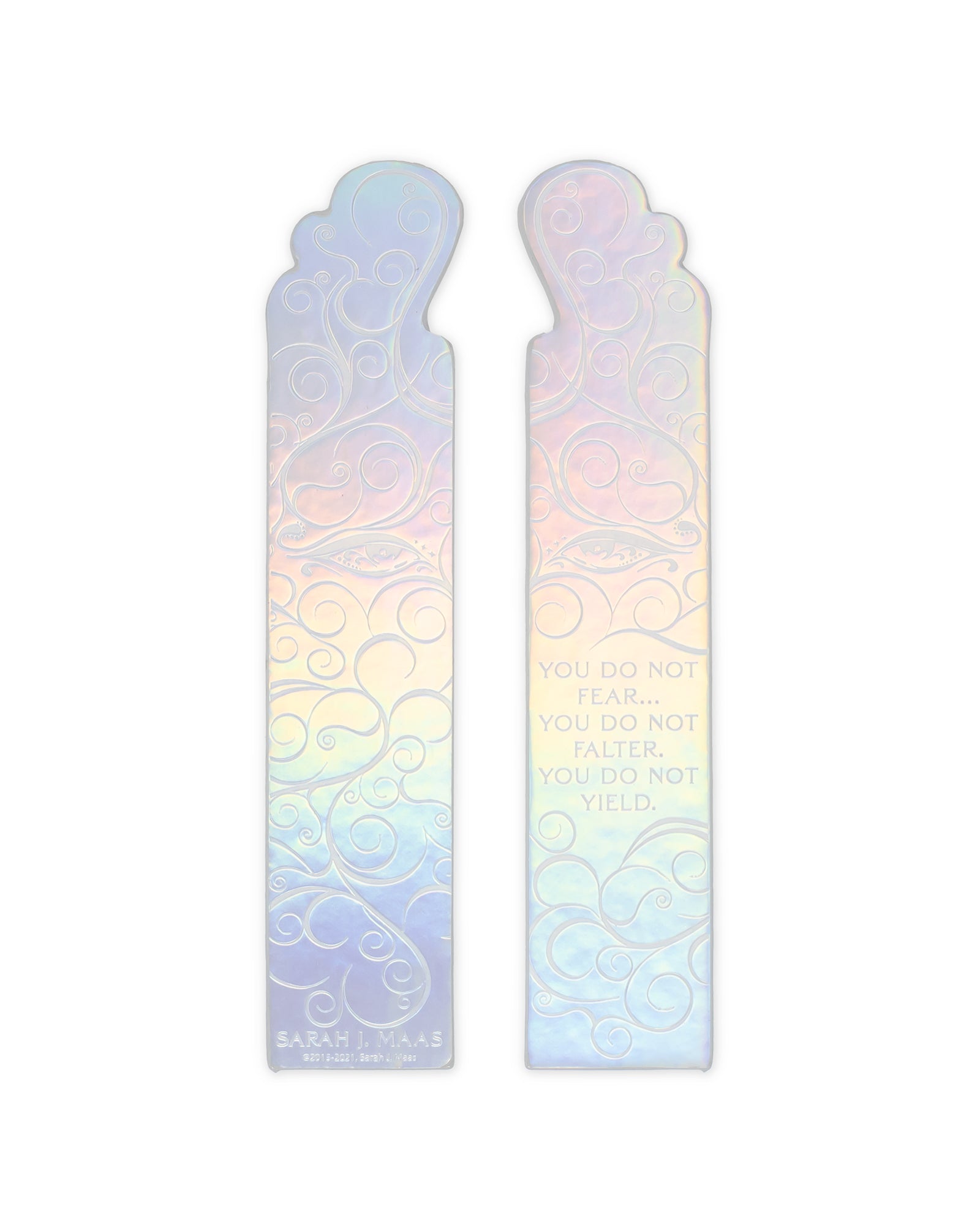 Two iridescent bookmarks with decorative patterns on a white background