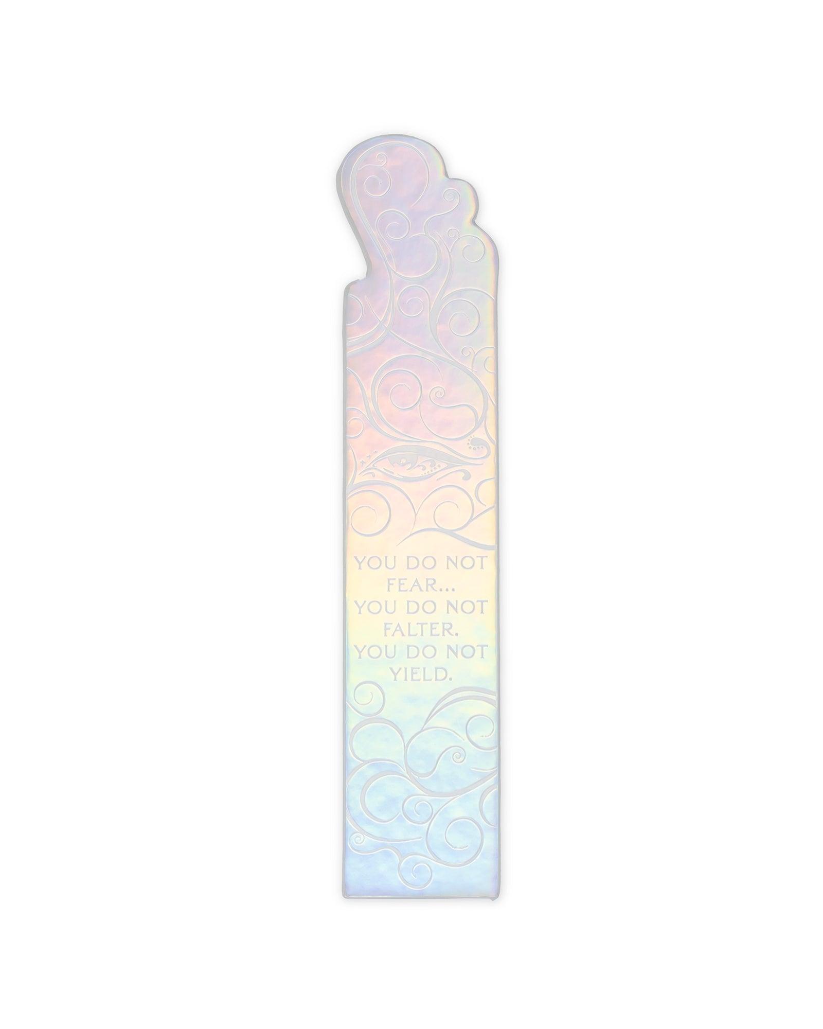 Iridescent bookmark with motivational quote on a white background