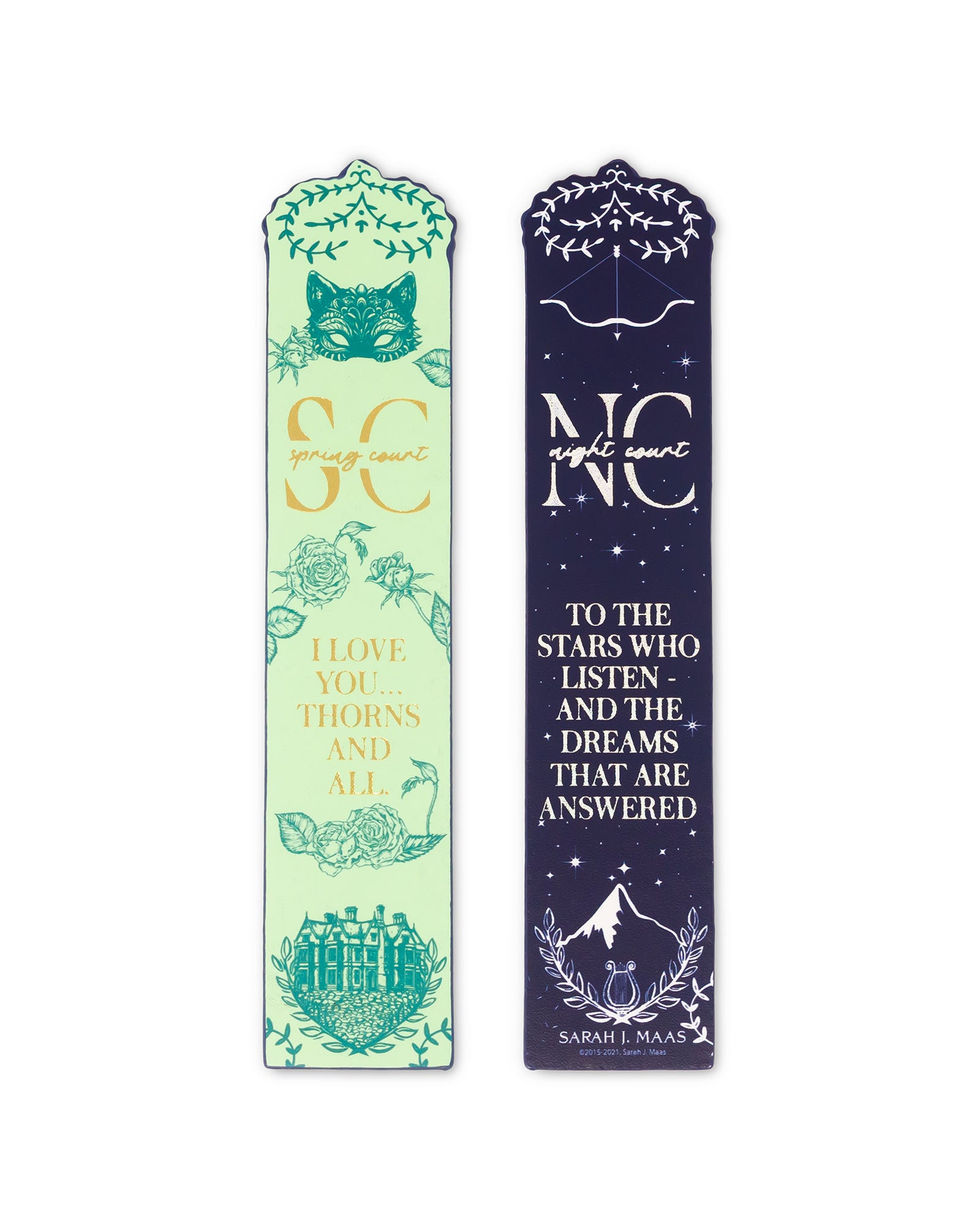 Two bookmarks with decorative designs and text on a white background