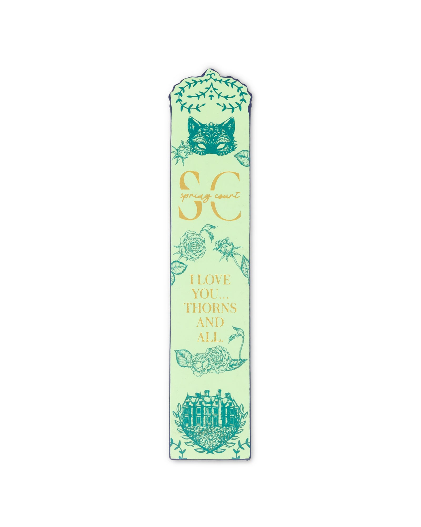 Decorative bookmark with floral designs and text on a light green background