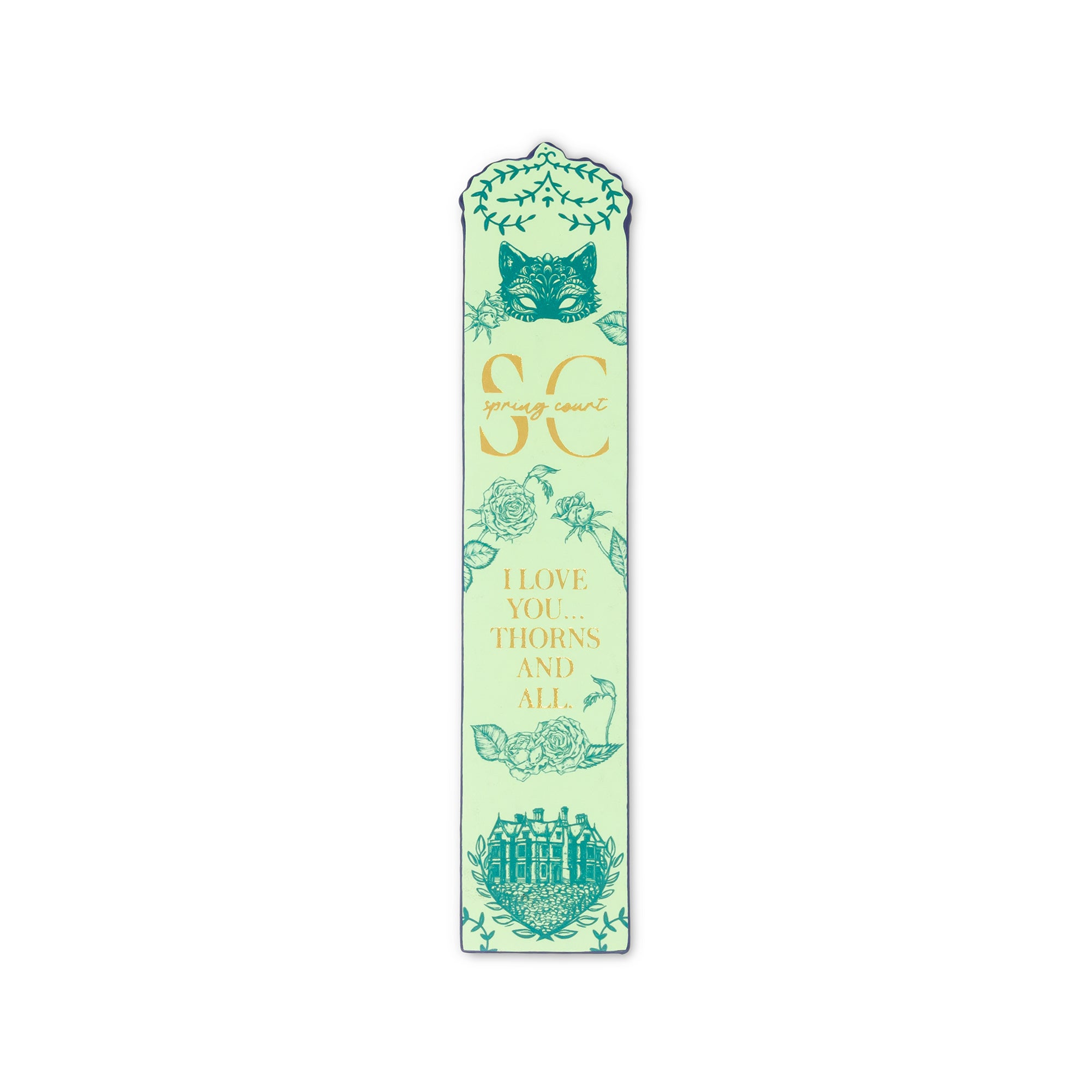 Decorative bookmark with floral designs and text on a light green background