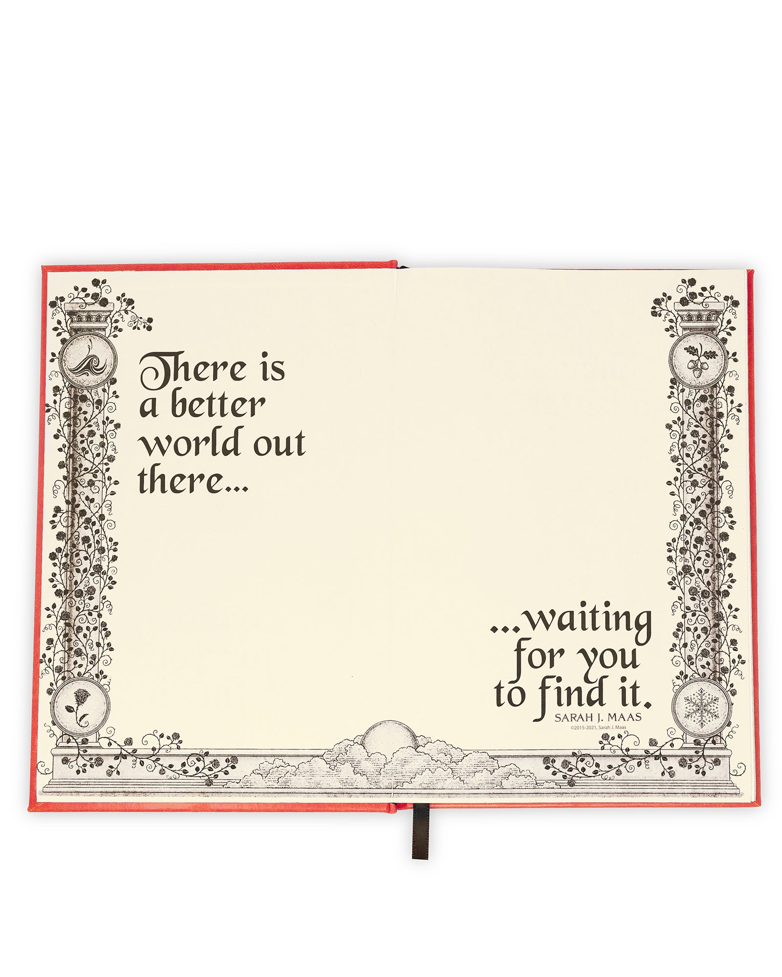 Open book with decorative edges and a quote inside on a white background