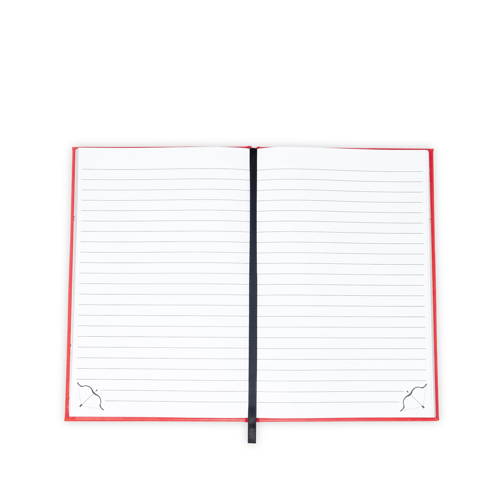 Open notebook with red binding on a white background