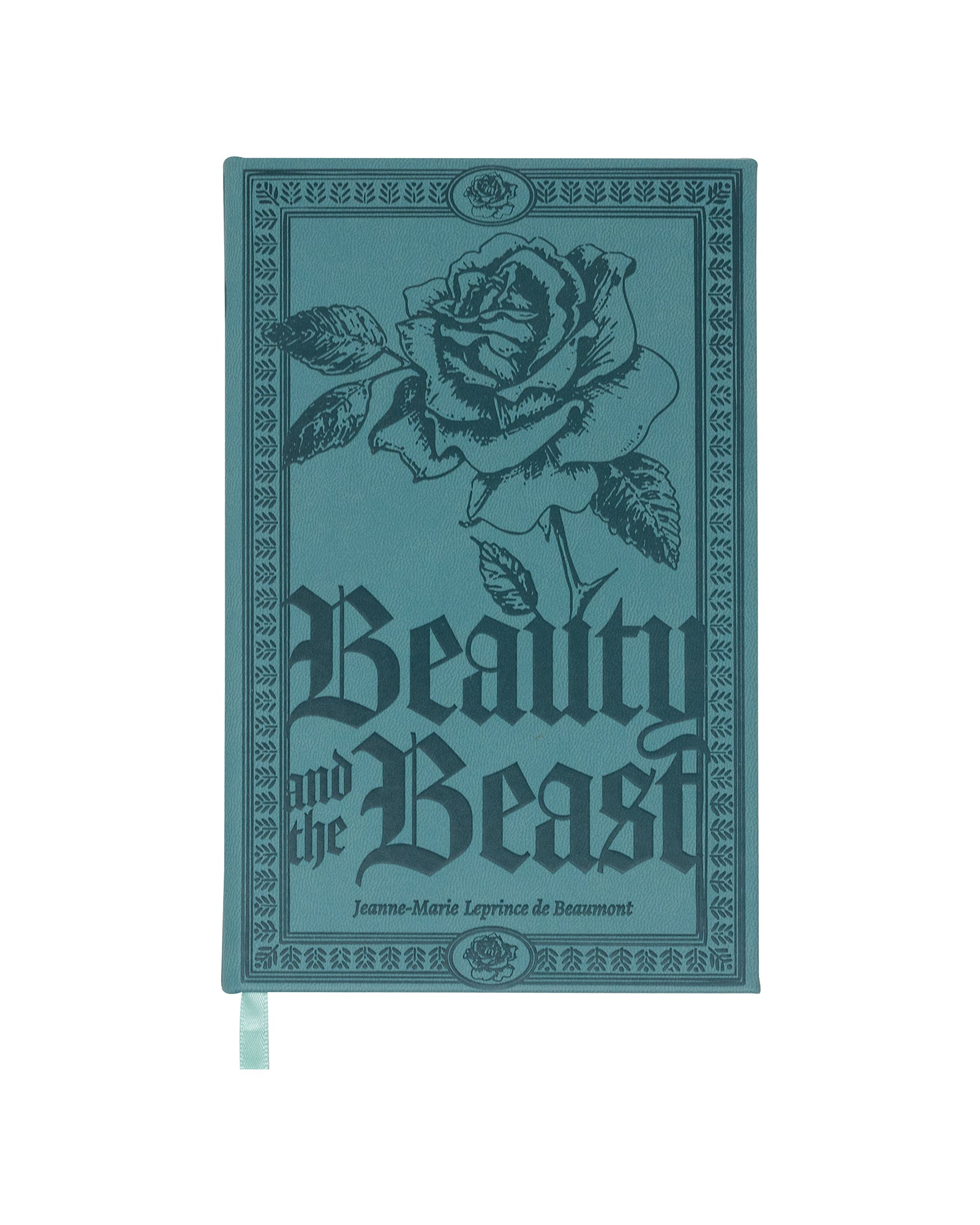 Teal notebook with rose design and 'Beauty and the Beast' text on a white background