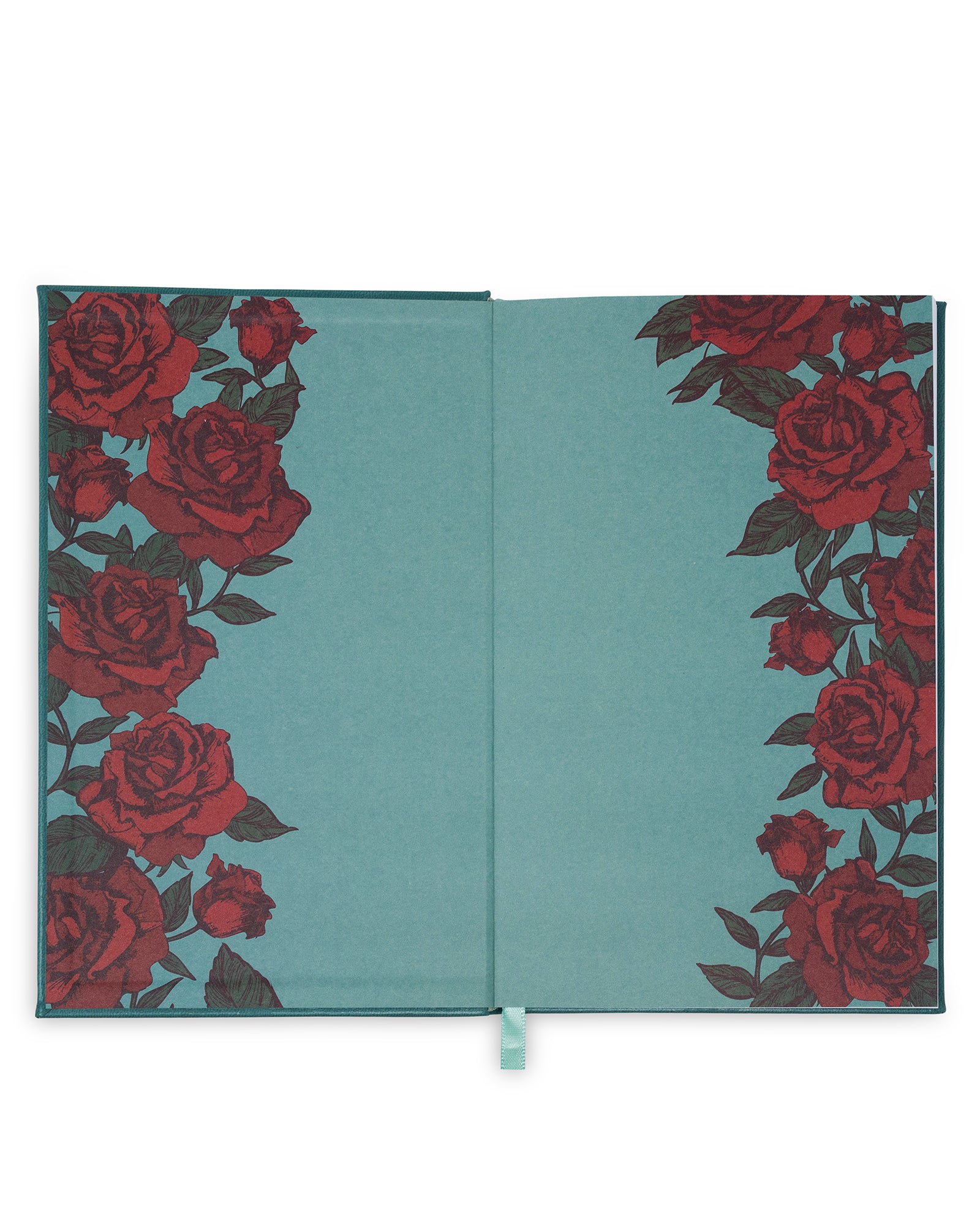 Teal notebook with red rose pattern on a white background