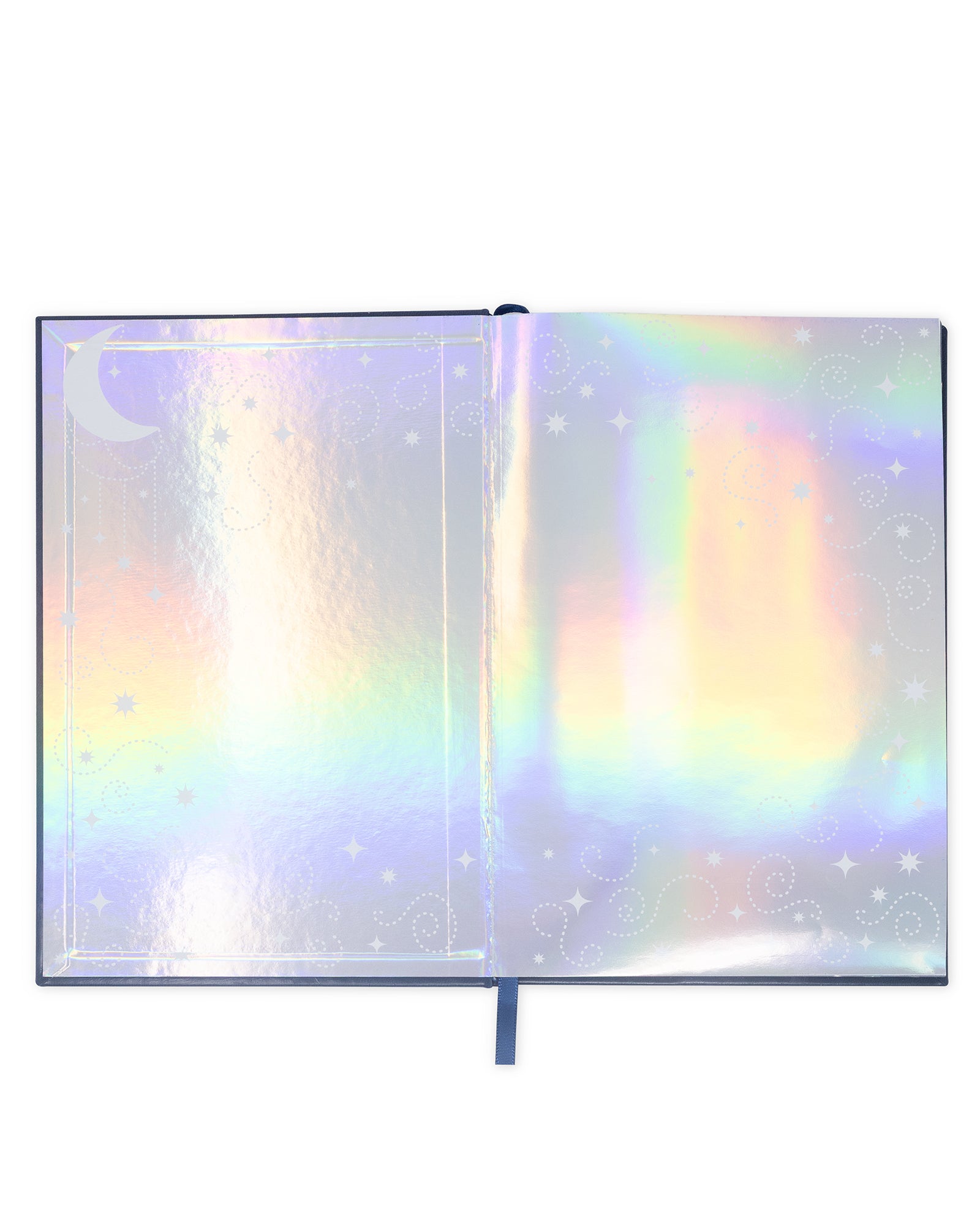 Open notebook with a colorful, iridescent cover on a white background