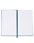 Open notebook with lined pages on a white background