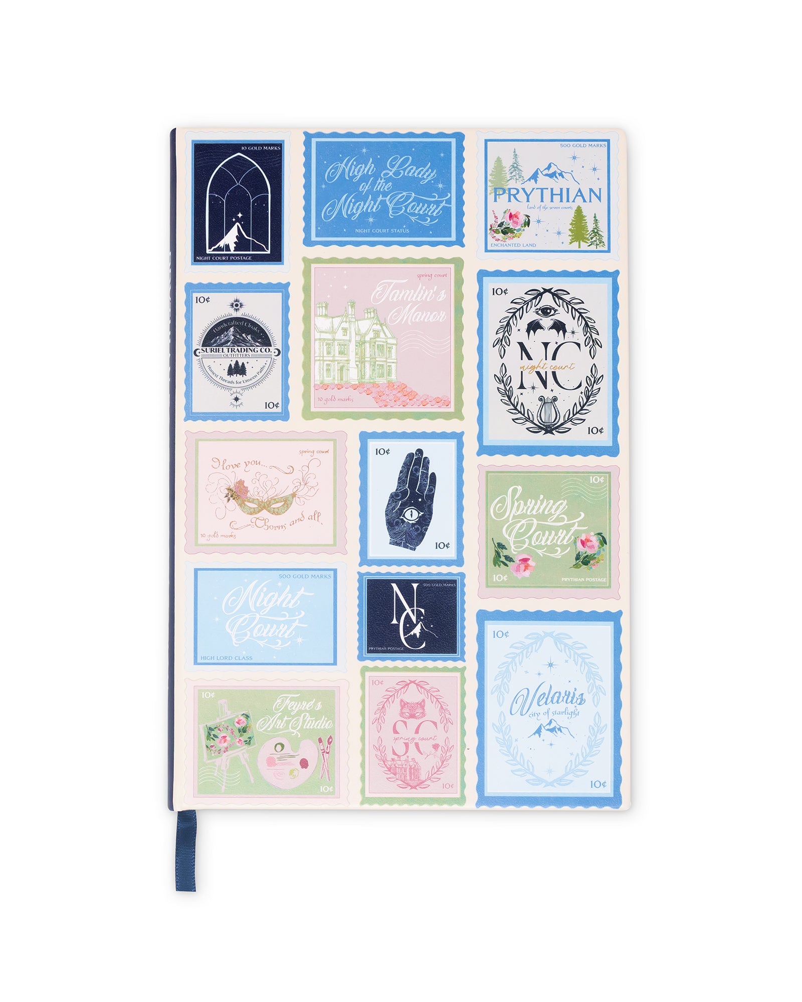 Notebook with decorative cover featuring various designs and text on a white background