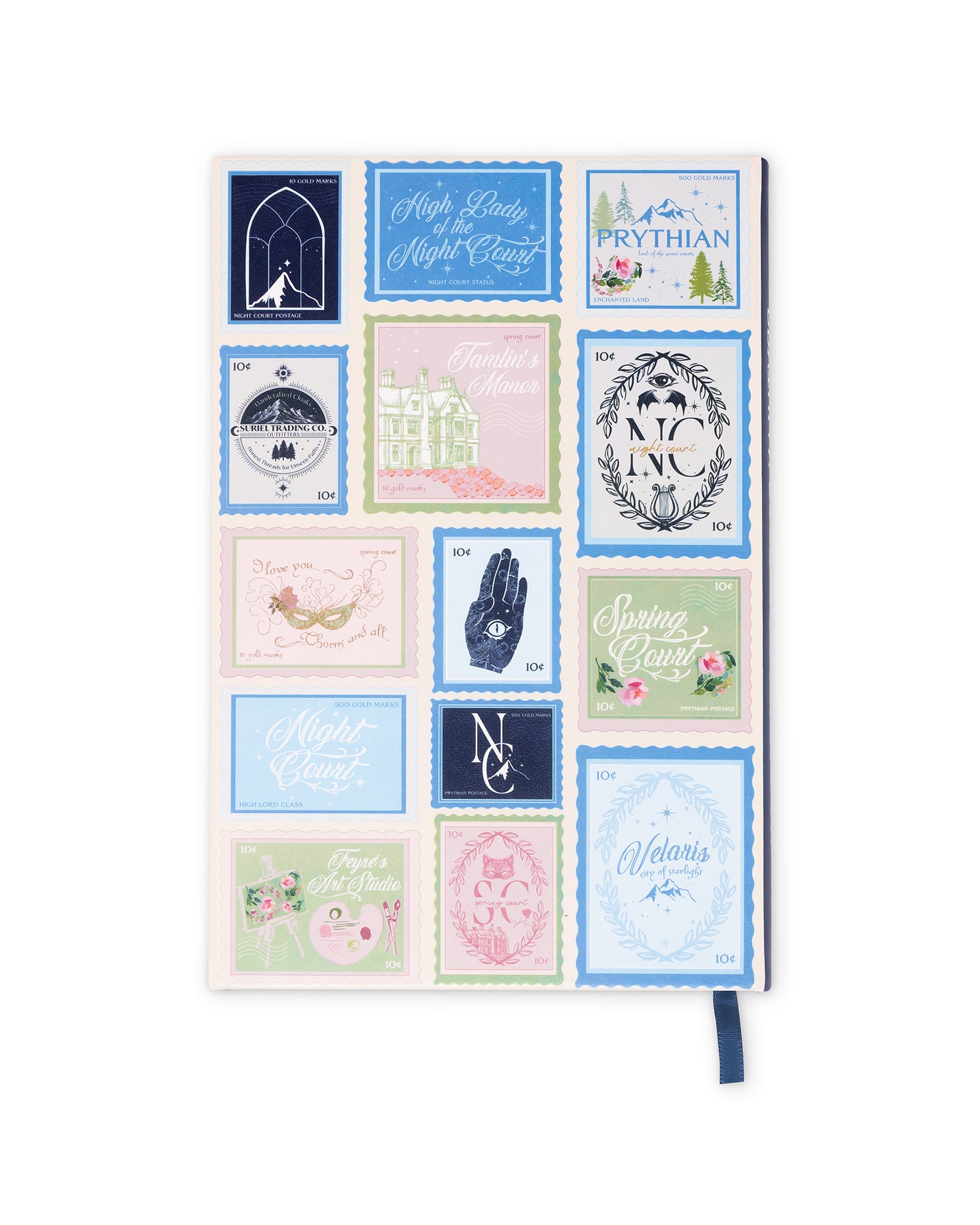 Decorative notebook with various printed designs on a white background