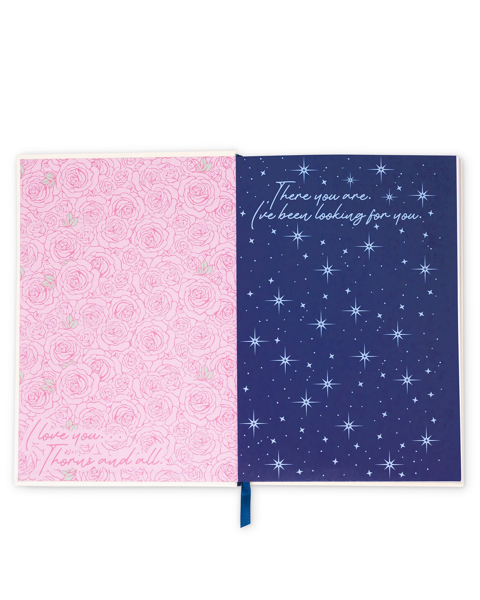 Notebook with pink floral pattern and blue starry night design on white background