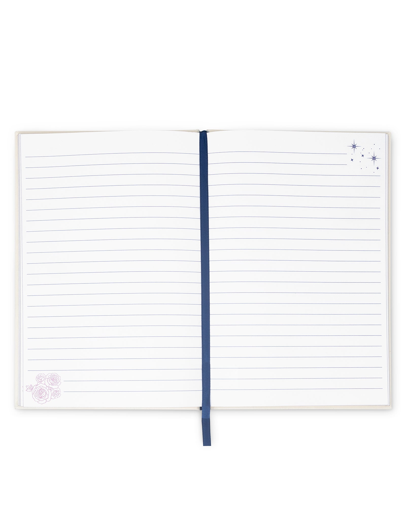 Open notebook with lined pages and a blue ribbon on a white background