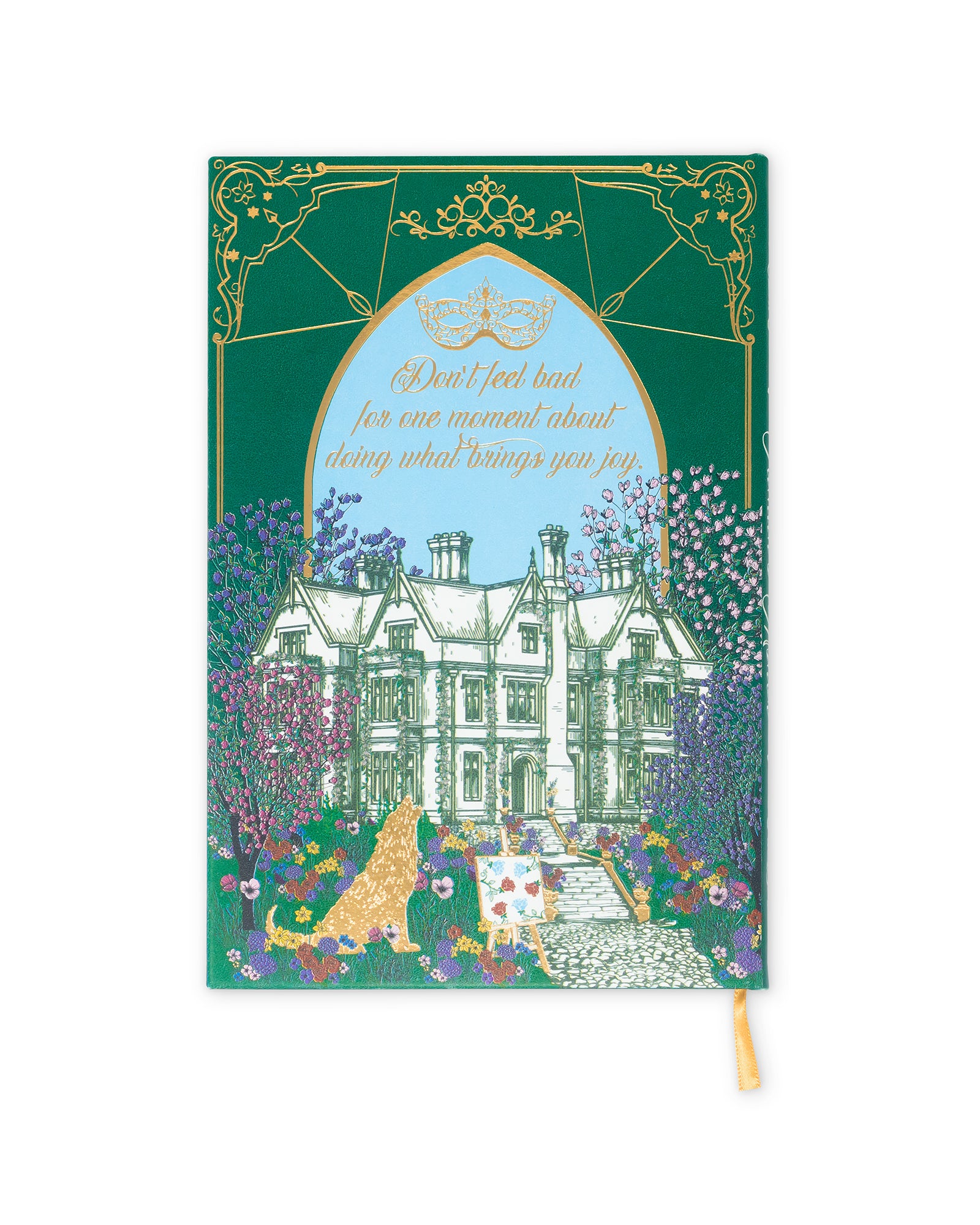Decorative notebook with a green cover featuring an illustration of a house and garden, on a white background.