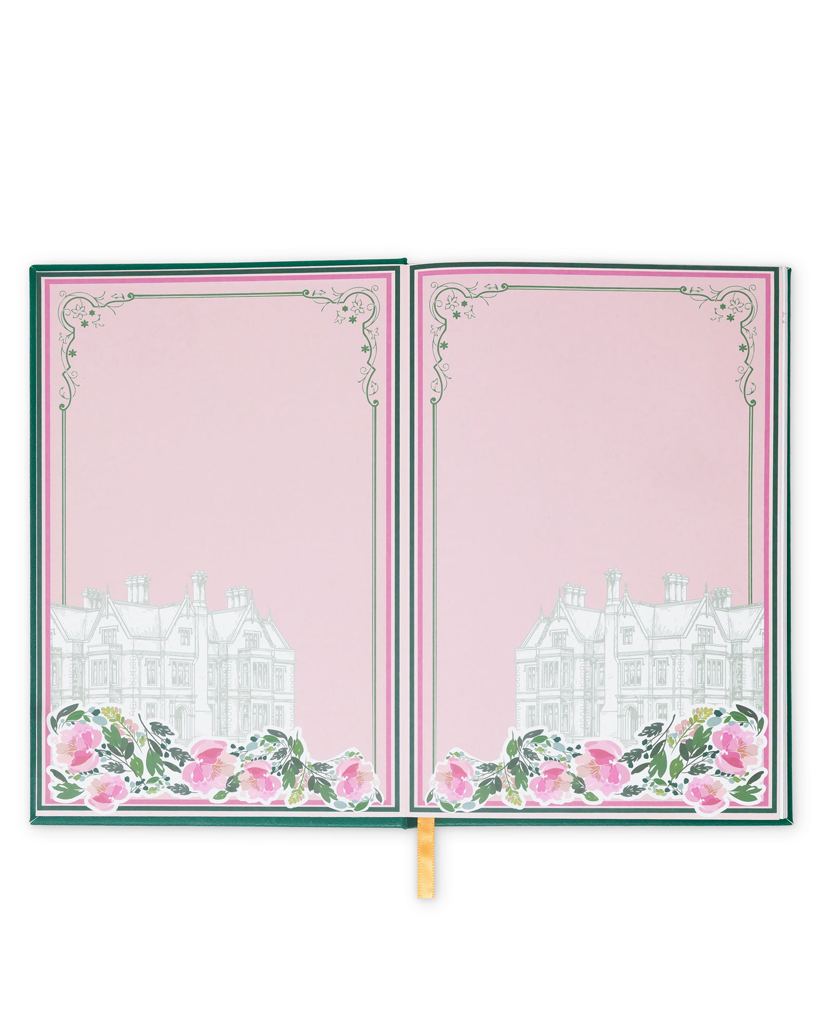 Open notebook with pink cover featuring a white building and floral design on a white background