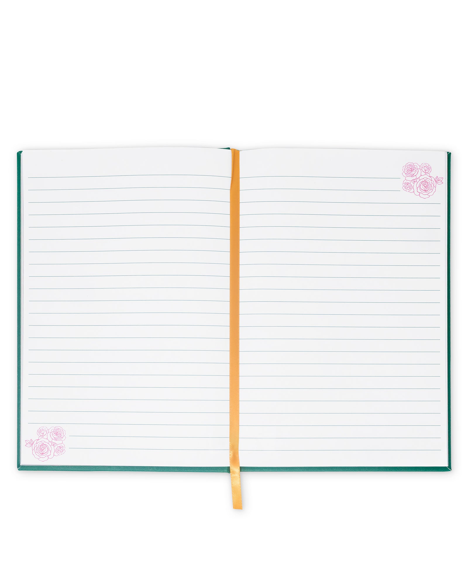 Open notebook with lined pages and a floral design on a white background