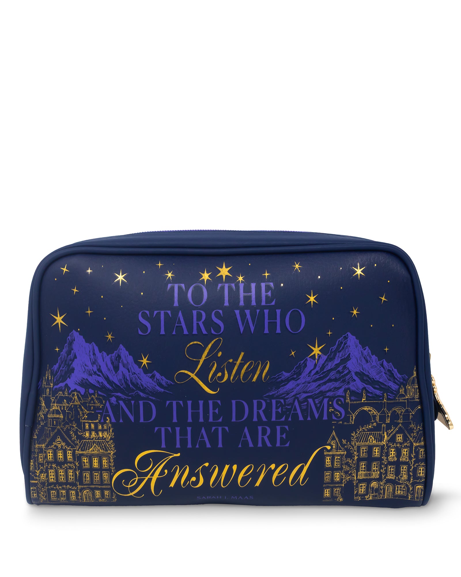 Navy blue pouch with mountain and star design, featuring text on a white background