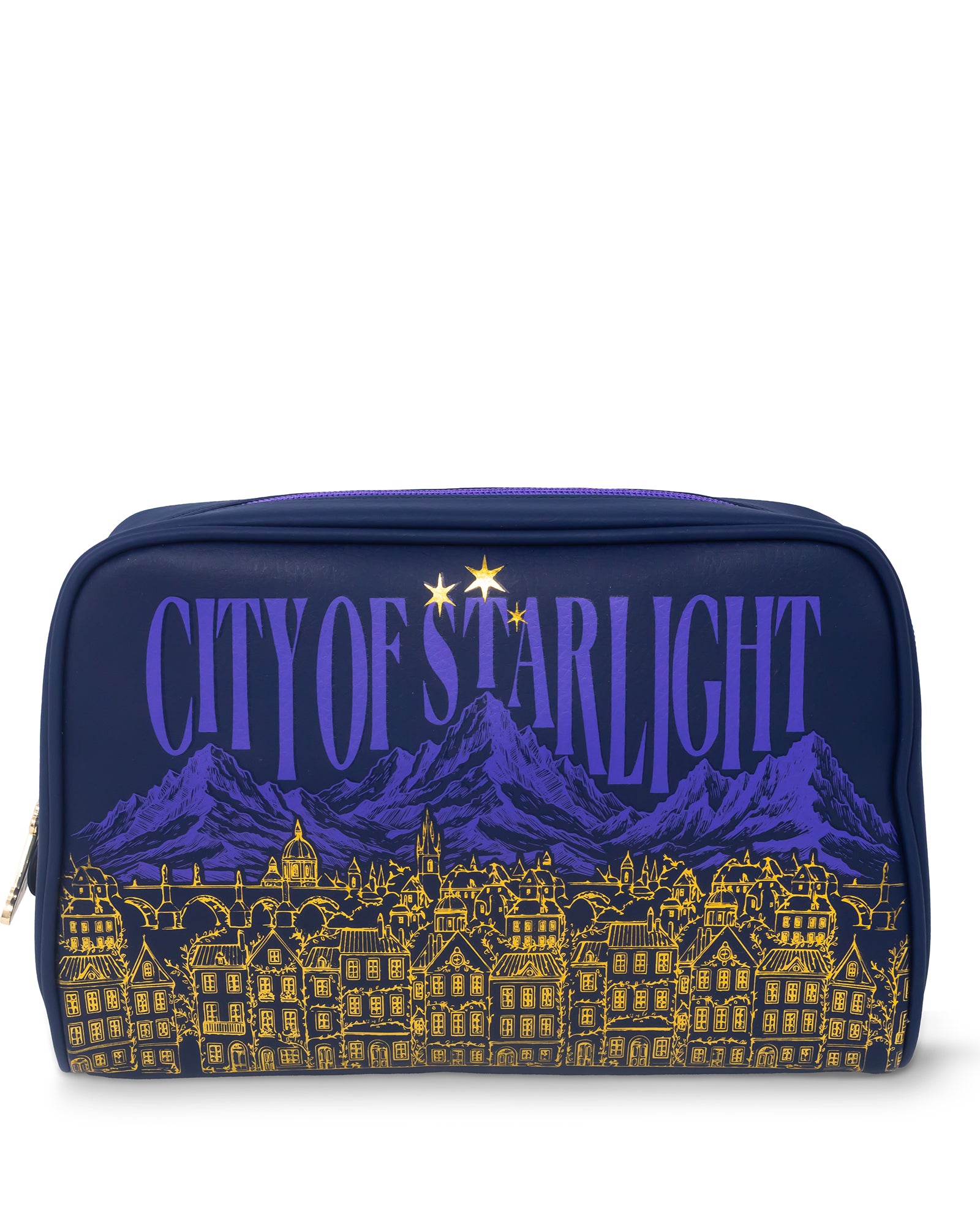 Blue pouch with 'City of Starlight' text and mountain and town design on a white background