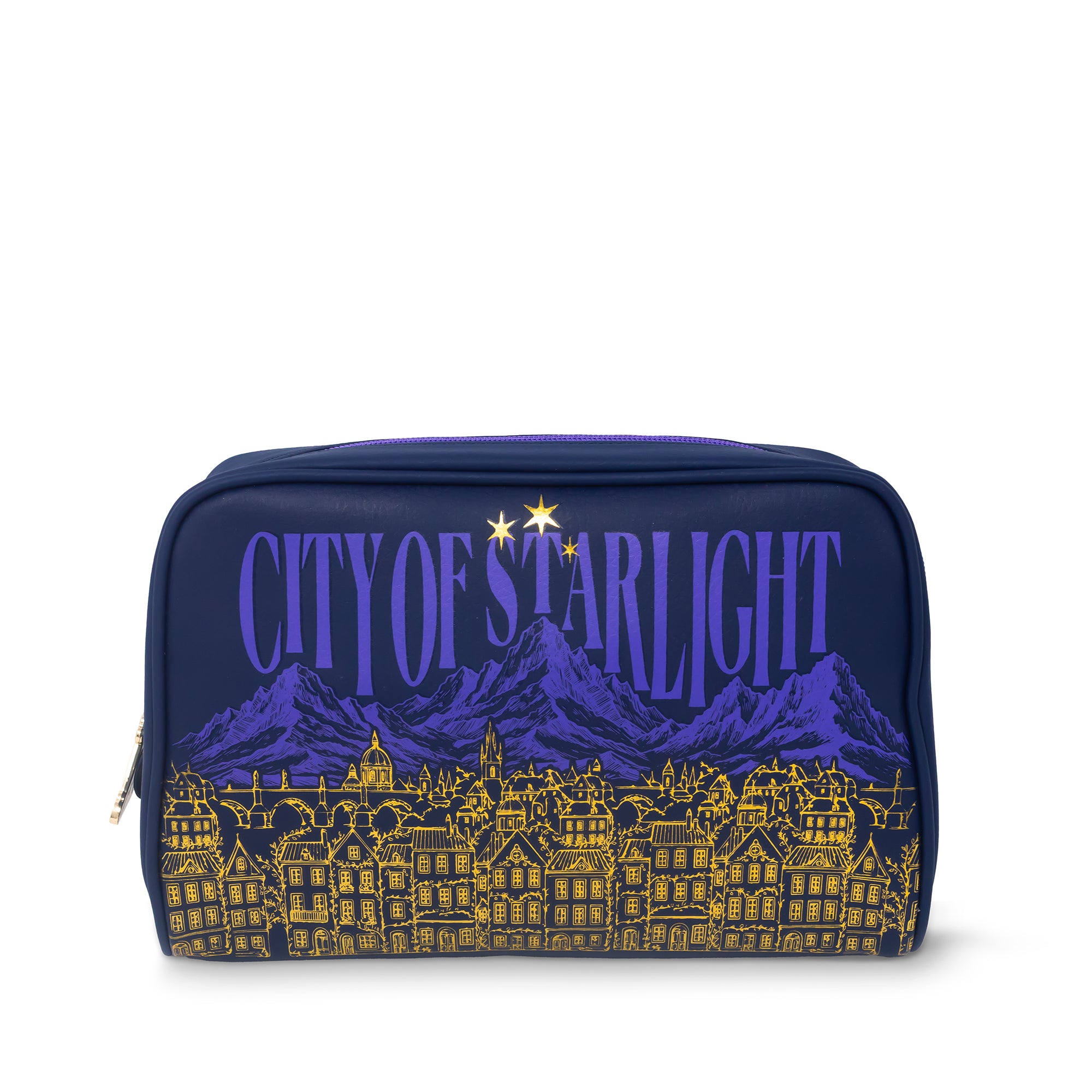 Blue pouch with 'City of Starlight' text and mountain and town design on a white background