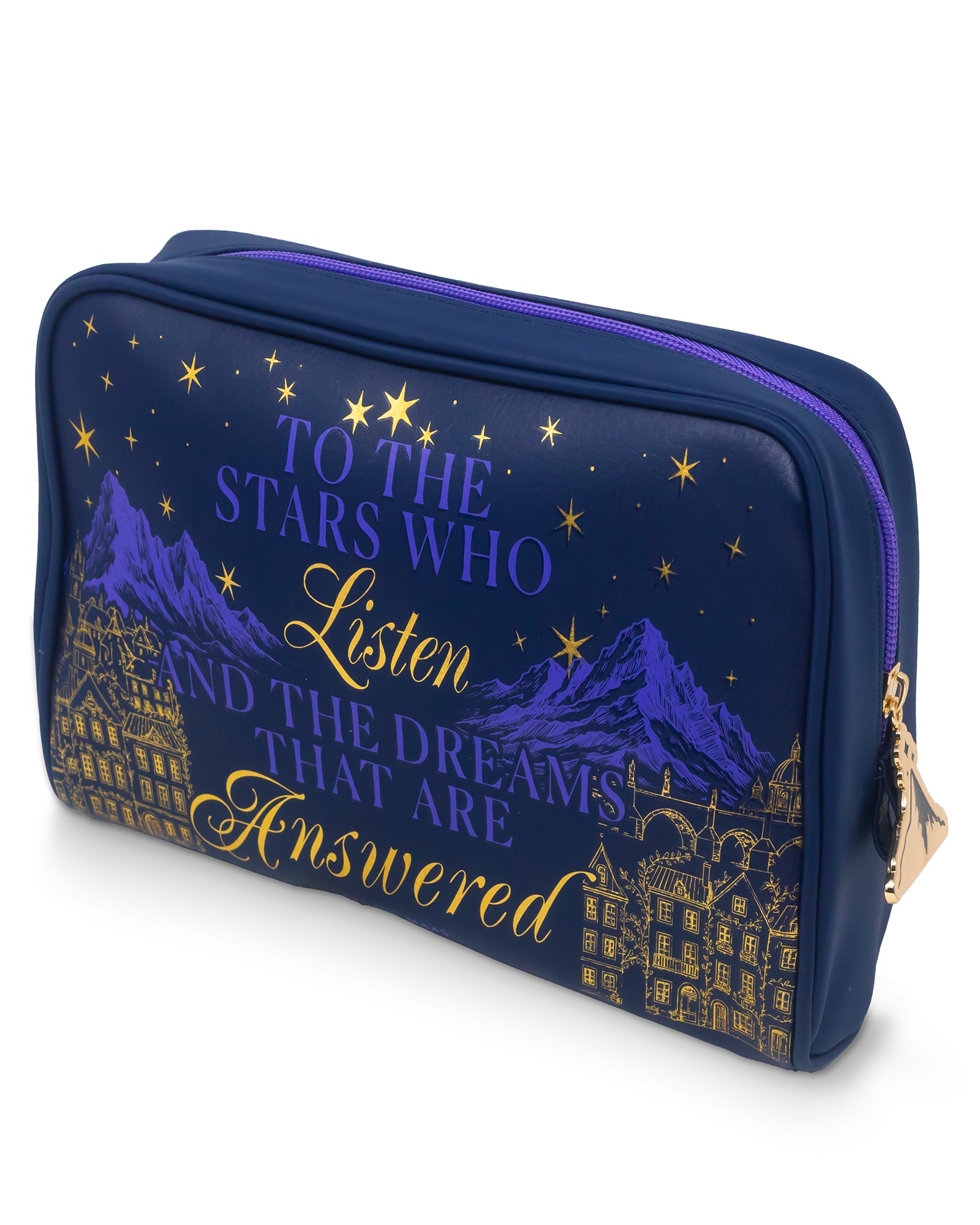Navy blue pouch with gold text and mountain design on a white background