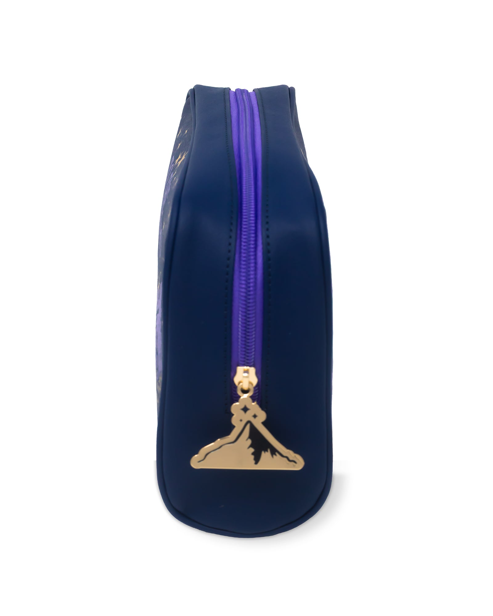 Navy blue pouch with purple zipper and gold emblem on a white background