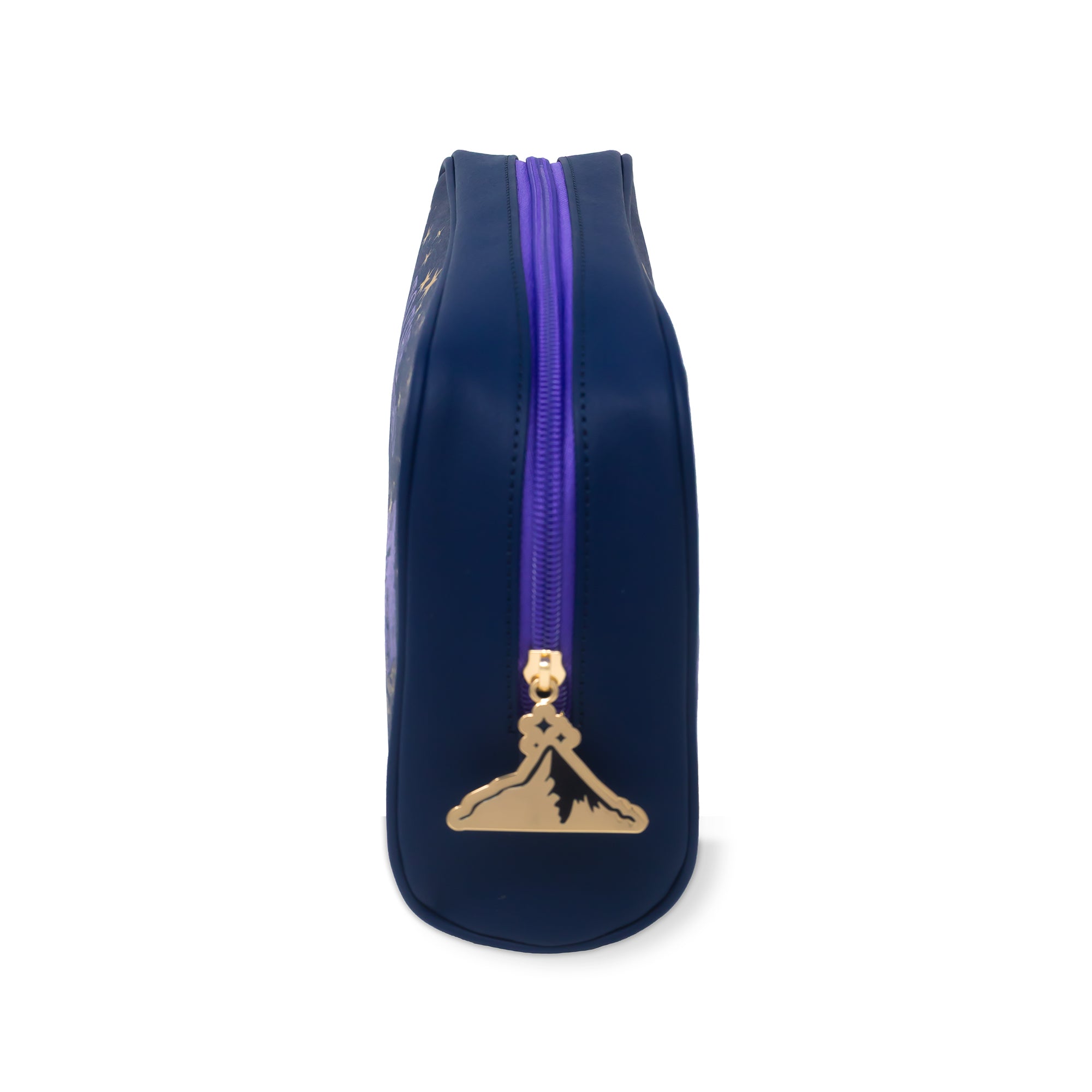 Navy blue pouch with purple zipper and gold emblem on a white background