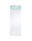 White towel with a green and white patterned border on a white background
