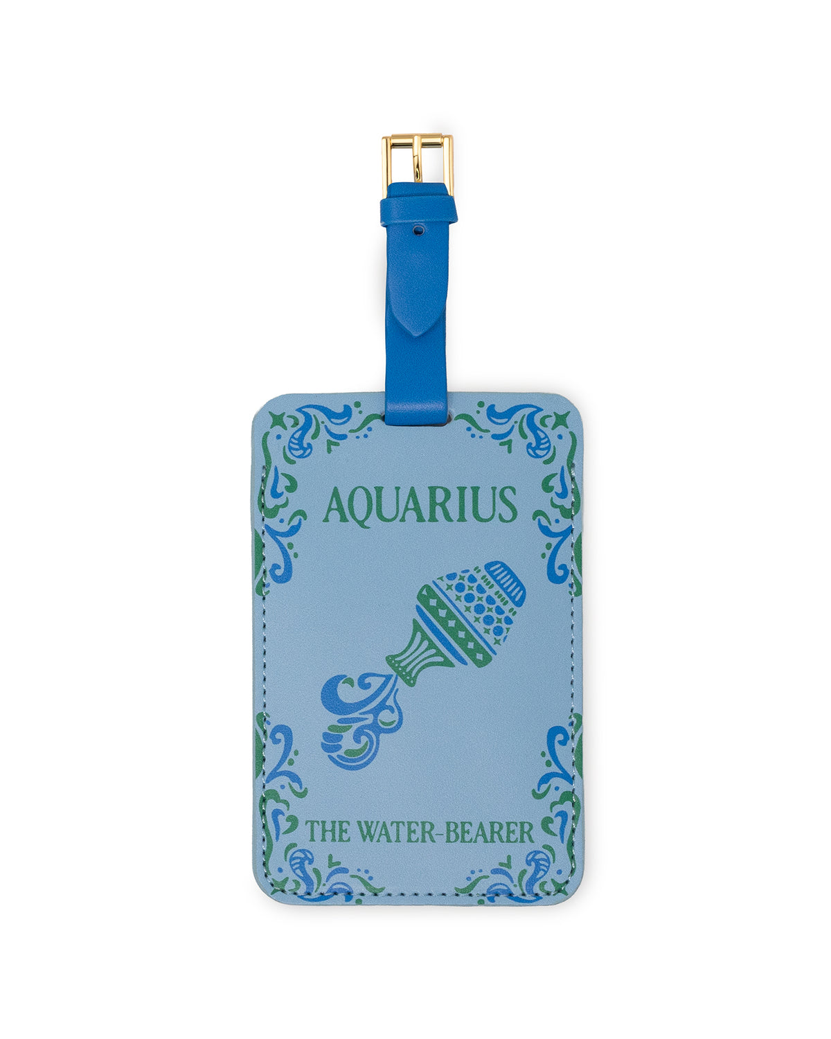 blue luggage tag with 'AQUARIUS' 'THE WATER BEARER' with a vase being poured image