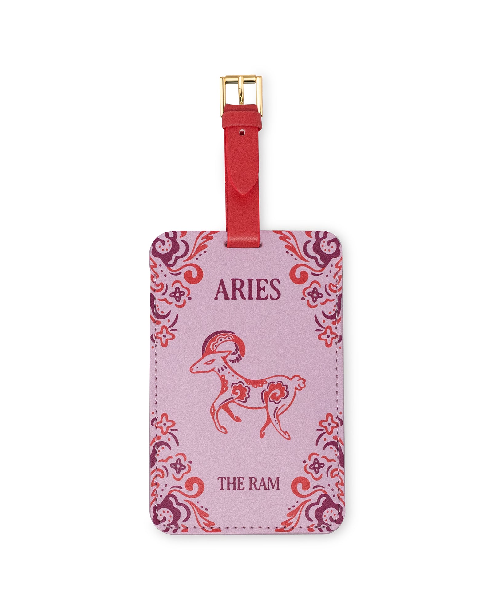 pink luggage tag that says 'ARIES' 'THE RAM' with ram image
