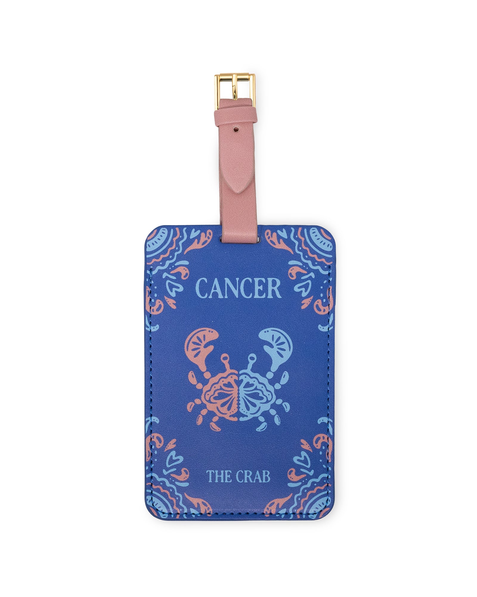 blue luggage tag with pink and blue crab and says 'CANCER' 'THE CRAB'