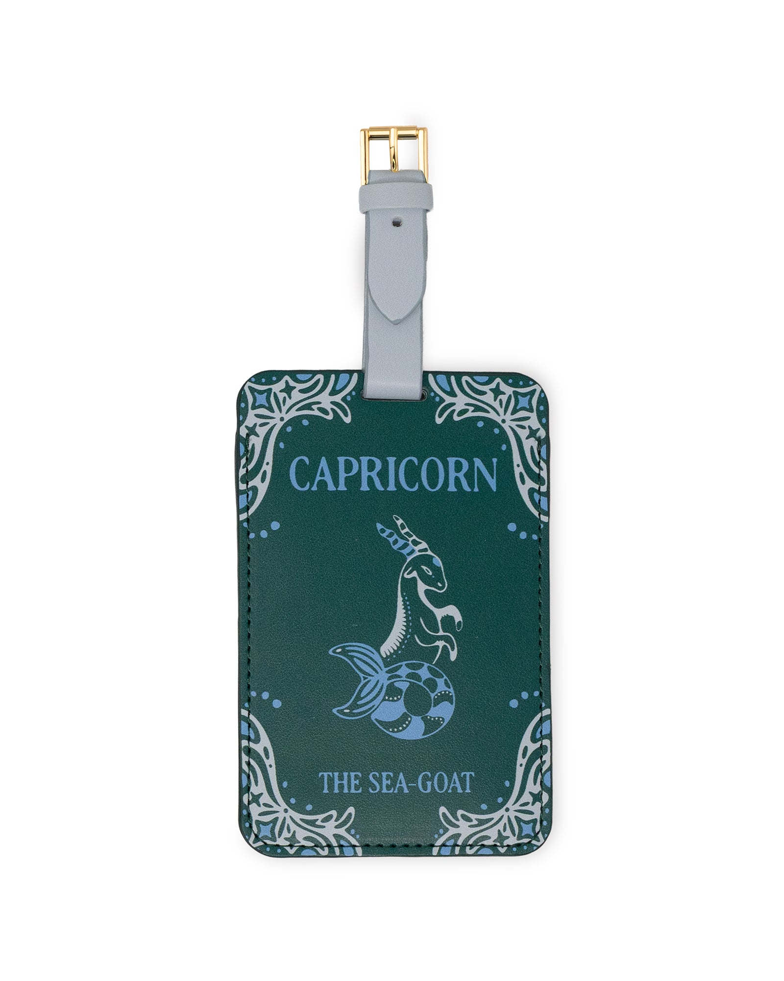 green luggage tag with 'CAPRICORN' 'THE SEA-GOAT' with sea-goat image