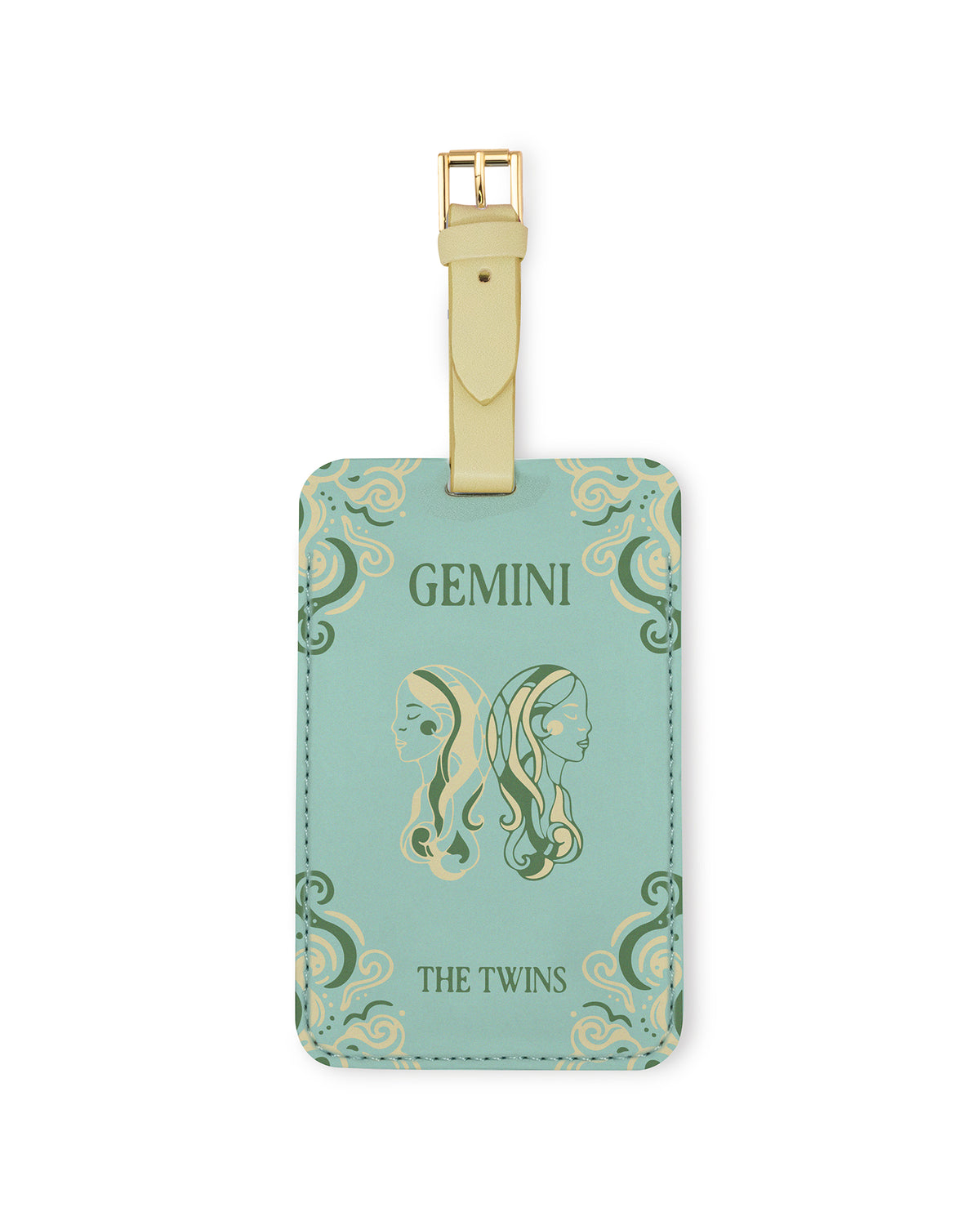 mint green luggage with 'GEMINI' 'THE TWINS'